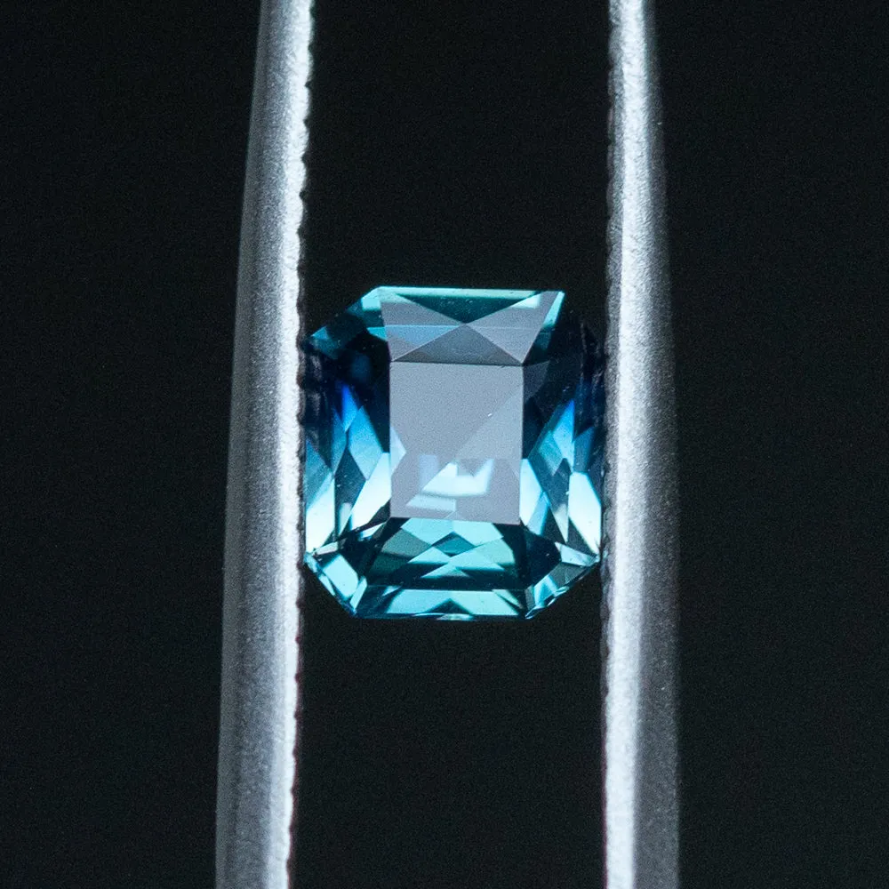 1.25CT RADIANT CUT MADAGASCAR TEAL BLUE PARTI SAPPHIRE, 6.68X6.04X3.48MM