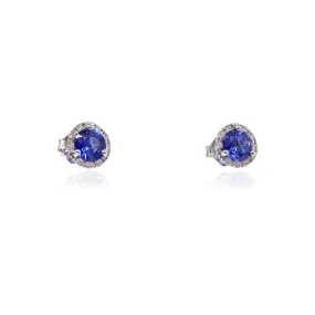 14K WHITE GOLD SAPPHIRE AND DIAMOND HALO STUD EARRINGS