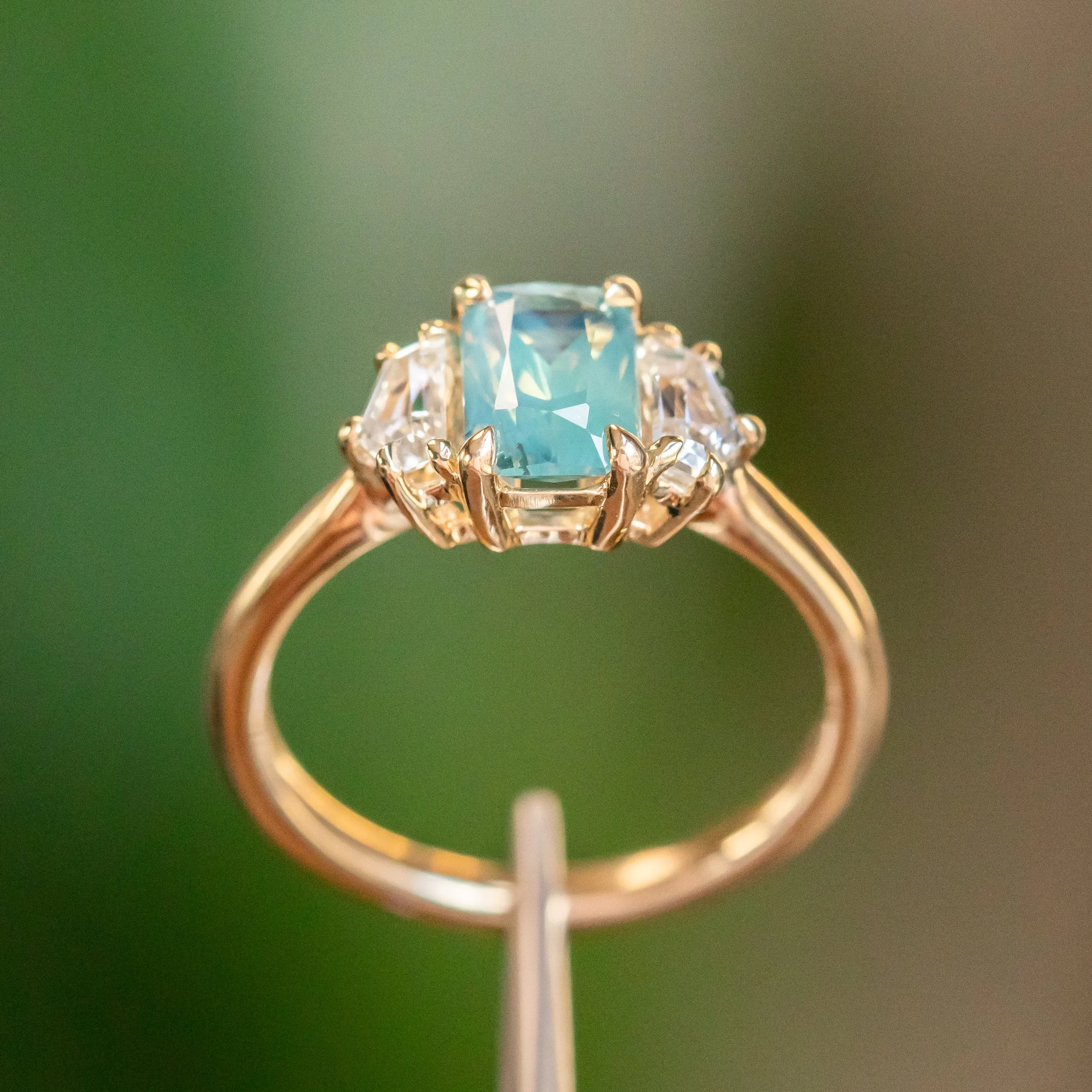 24 HOUR HOLD - 1.47ct Radiant Opalescent Teal Sapphire and White Sapphire Three Stone Ring in 14k Yellow Gold