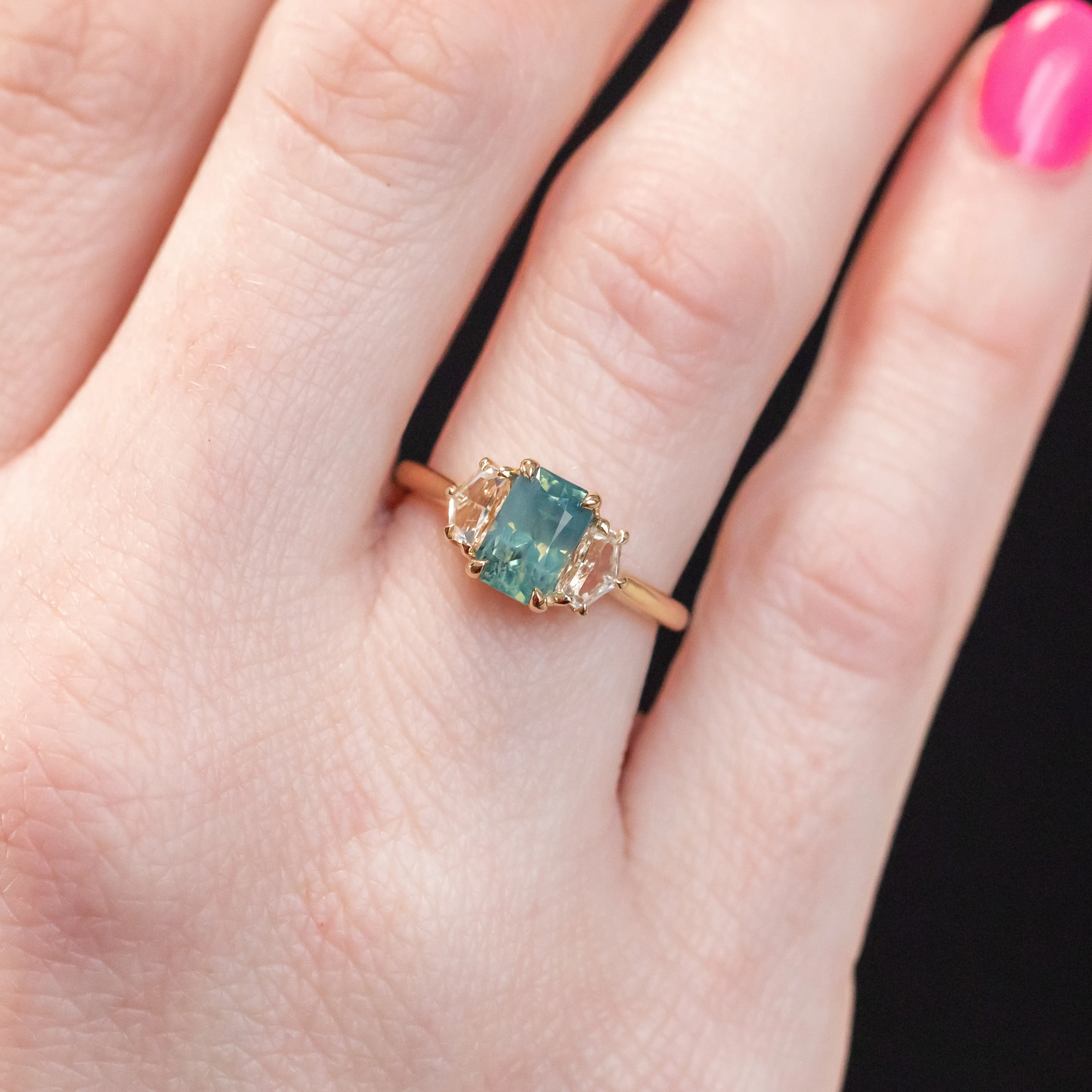 24 HOUR HOLD - 1.47ct Radiant Opalescent Teal Sapphire and White Sapphire Three Stone Ring in 14k Yellow Gold