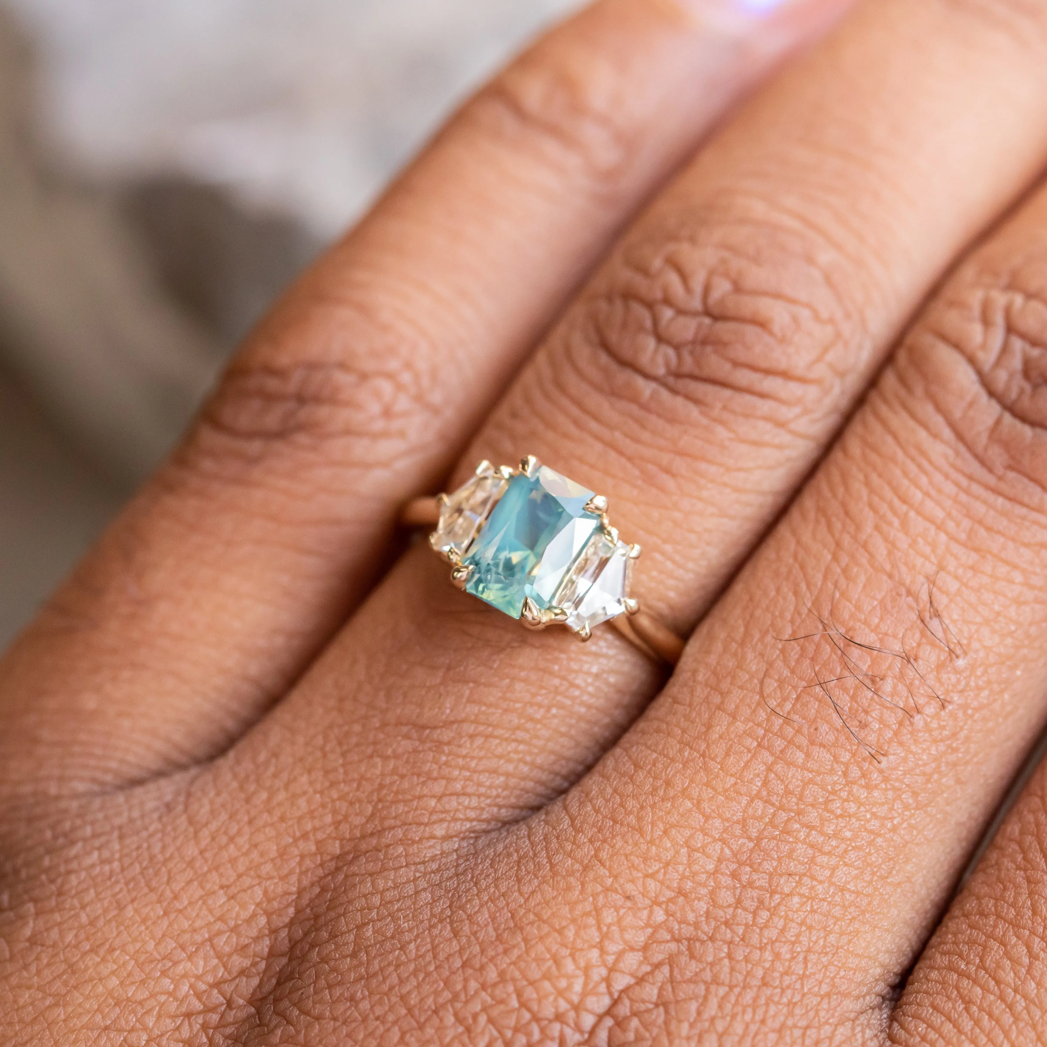 24 HOUR HOLD - 1.47ct Radiant Opalescent Teal Sapphire and White Sapphire Three Stone Ring in 14k Yellow Gold