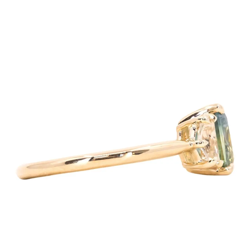 24 HOUR HOLD - 1.47ct Radiant Opalescent Teal Sapphire and White Sapphire Three Stone Ring in 14k Yellow Gold