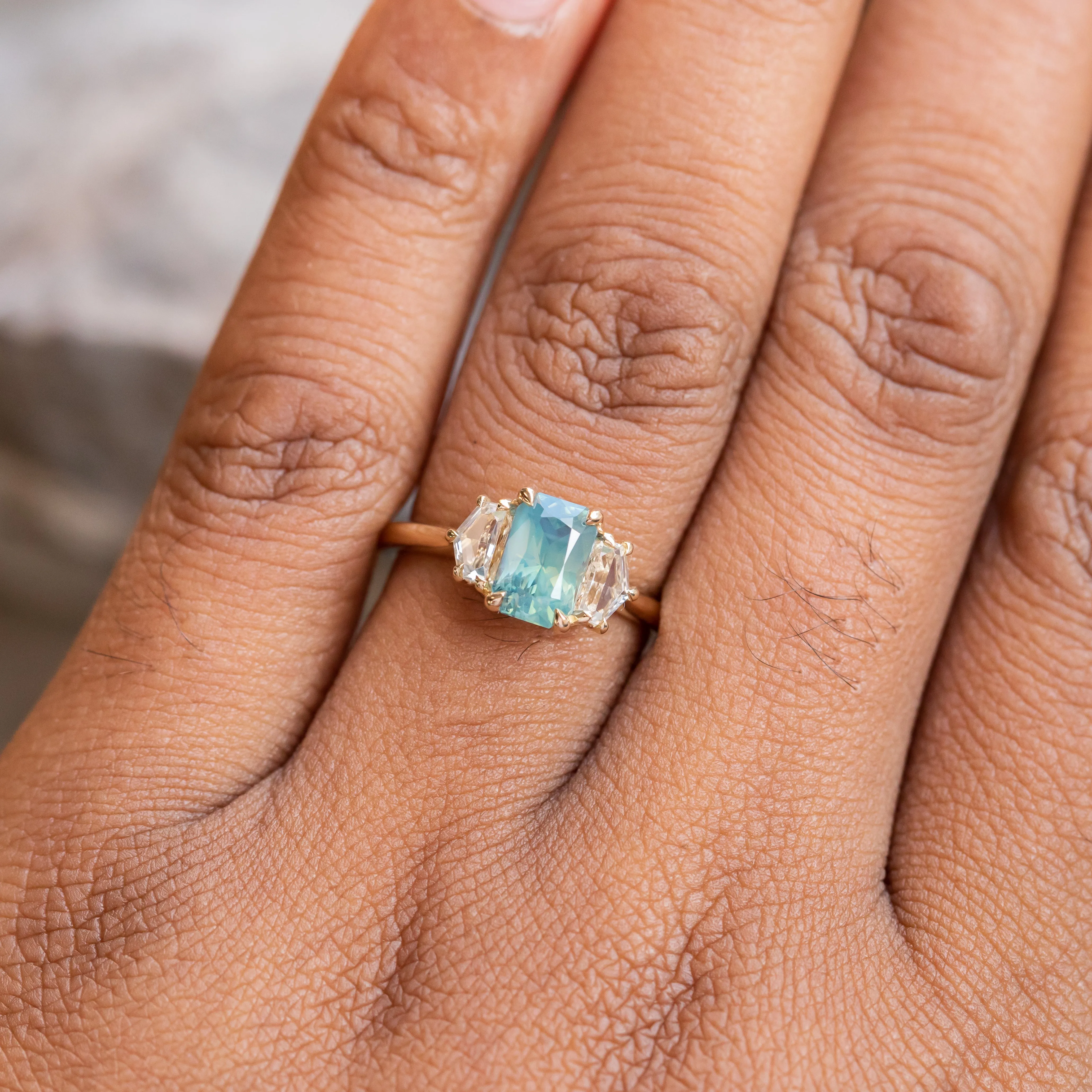 24 HOUR HOLD - 1.47ct Radiant Opalescent Teal Sapphire and White Sapphire Three Stone Ring in 14k Yellow Gold