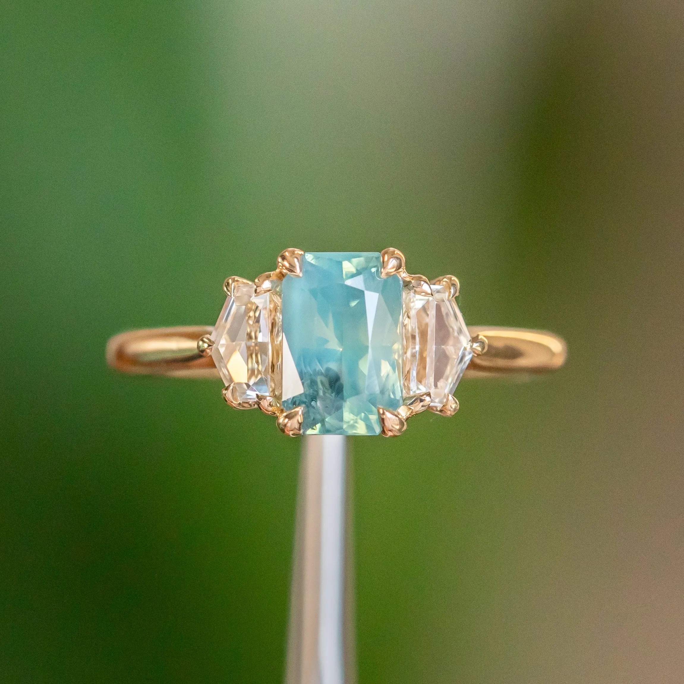 24 HOUR HOLD - 1.47ct Radiant Opalescent Teal Sapphire and White Sapphire Three Stone Ring in 14k Yellow Gold