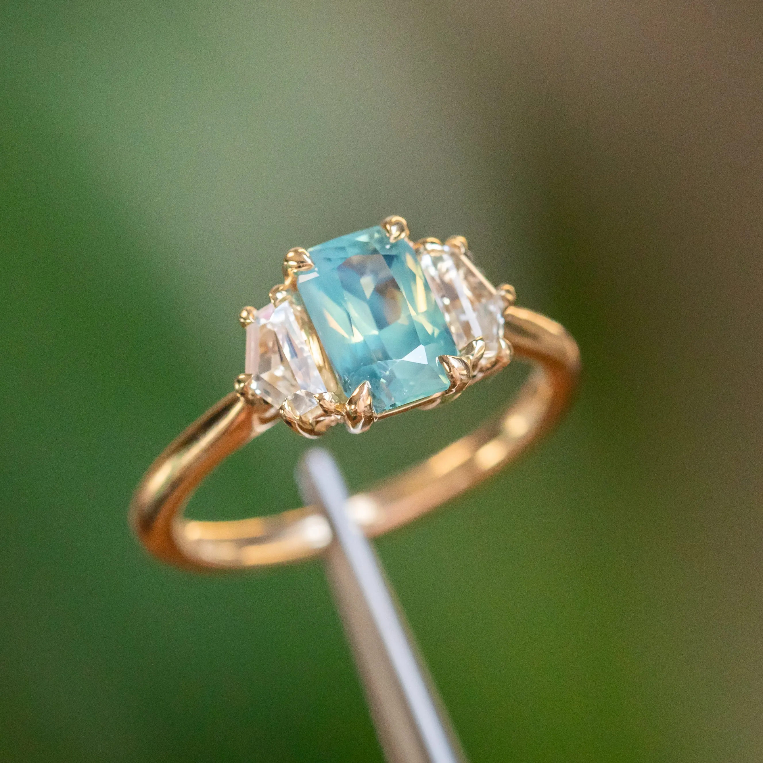 24 HOUR HOLD - 1.47ct Radiant Opalescent Teal Sapphire and White Sapphire Three Stone Ring in 14k Yellow Gold