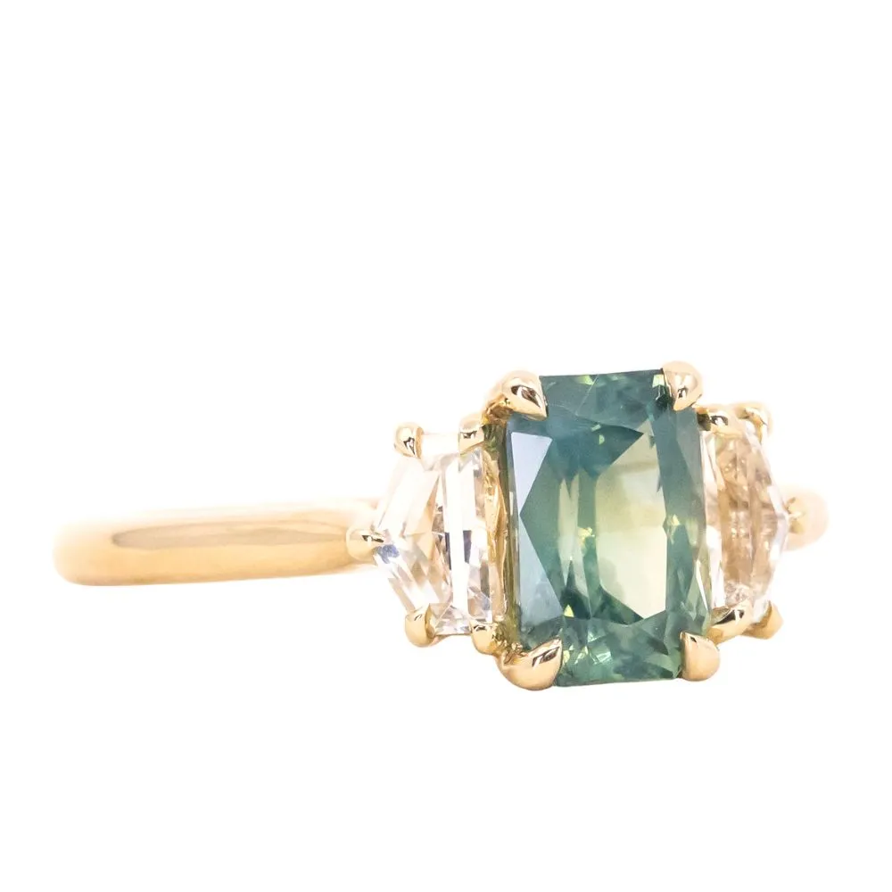 24 HOUR HOLD - 1.47ct Radiant Opalescent Teal Sapphire and White Sapphire Three Stone Ring in 14k Yellow Gold