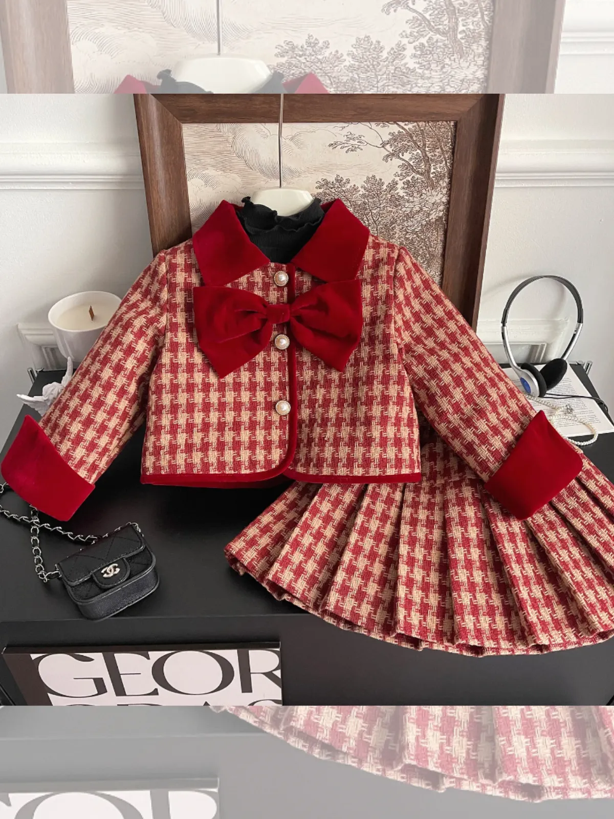 Adorable Red Velvet and Plaid Girls' Skirt and Jacket Set with Pearl Buttons all