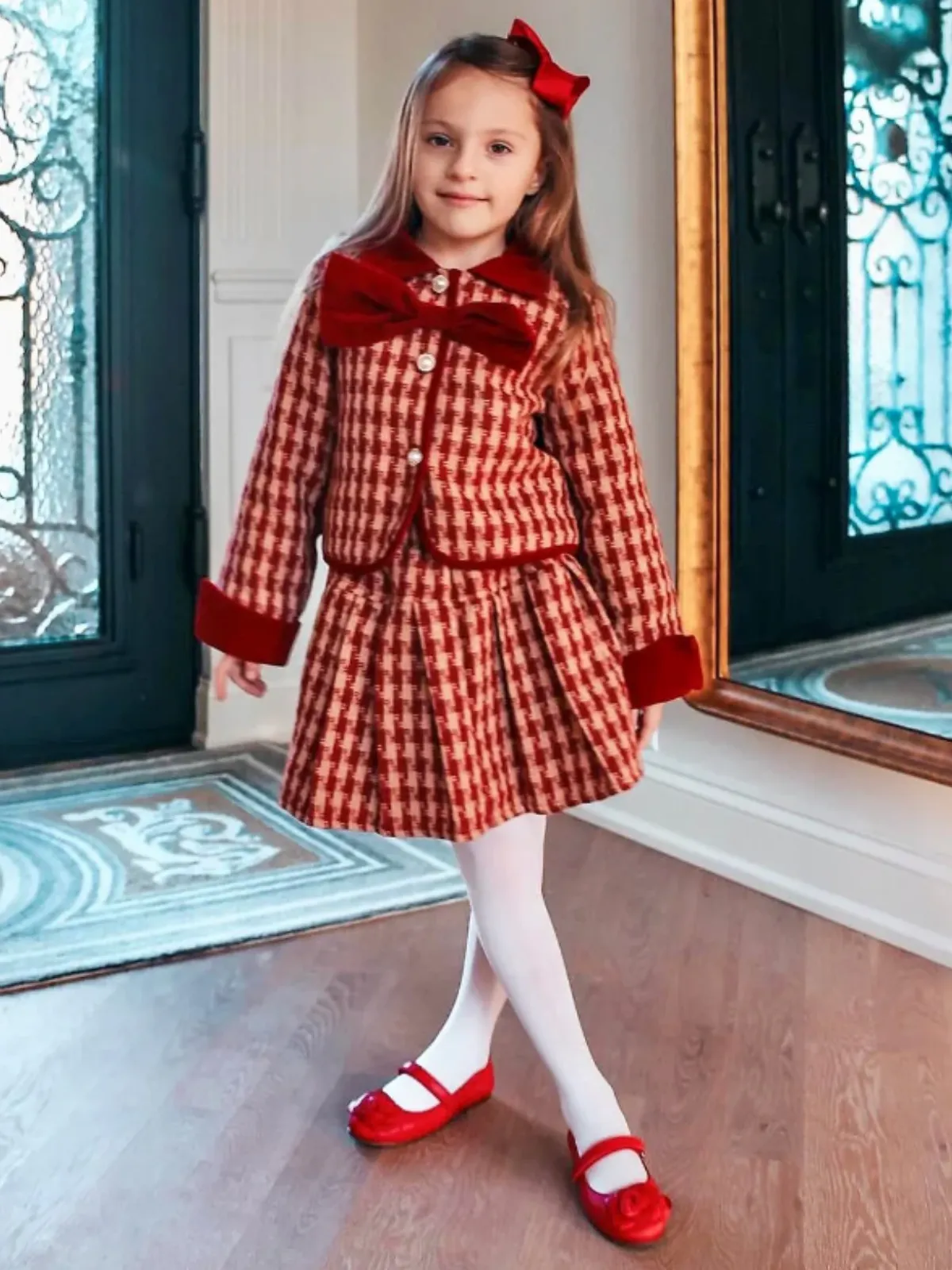 Adorable Red Velvet and Plaid Girls' Skirt and Jacket Set with Pearl Buttons all