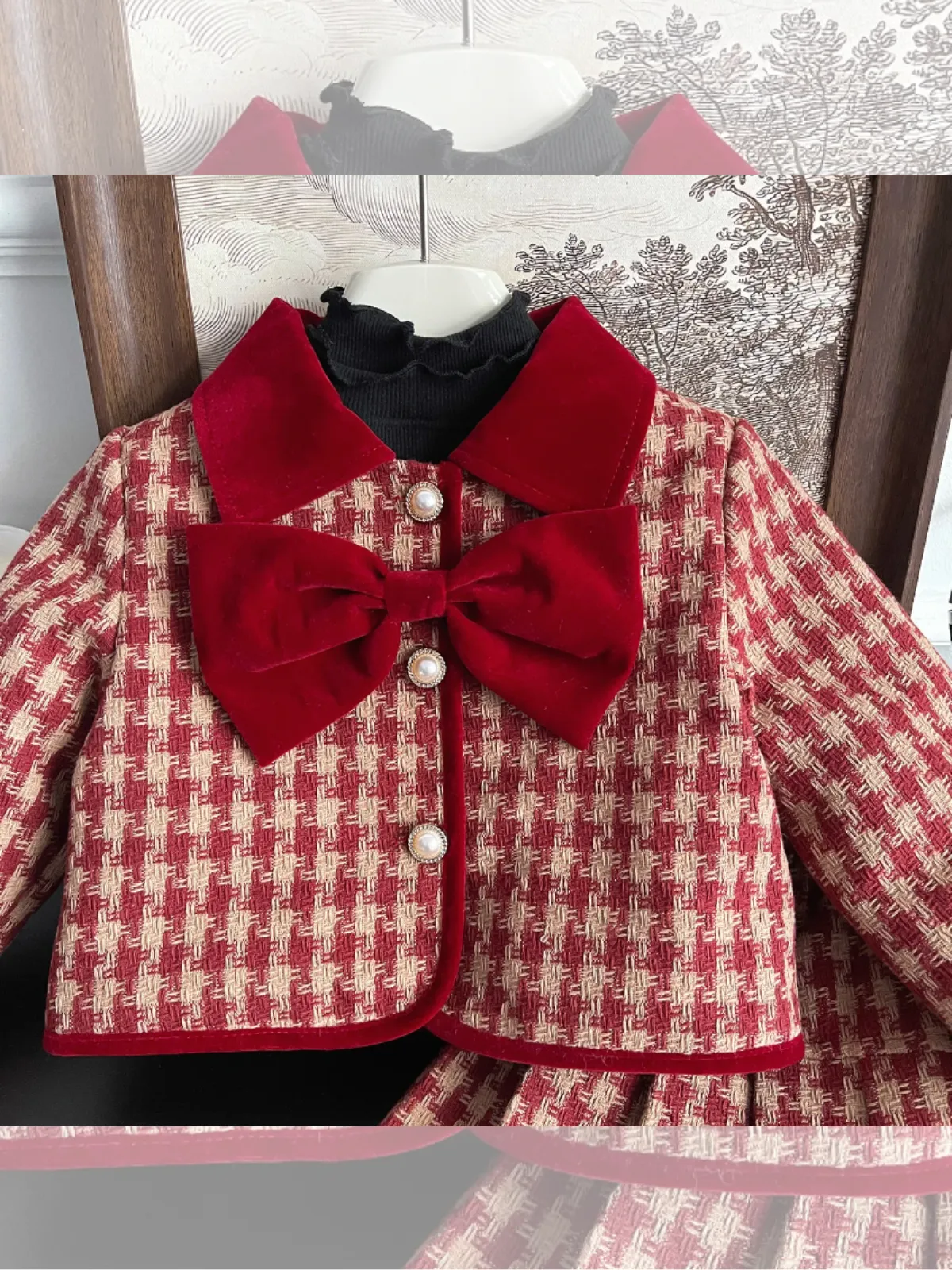 Adorable Red Velvet and Plaid Girls' Skirt and Jacket Set with Pearl Buttons all