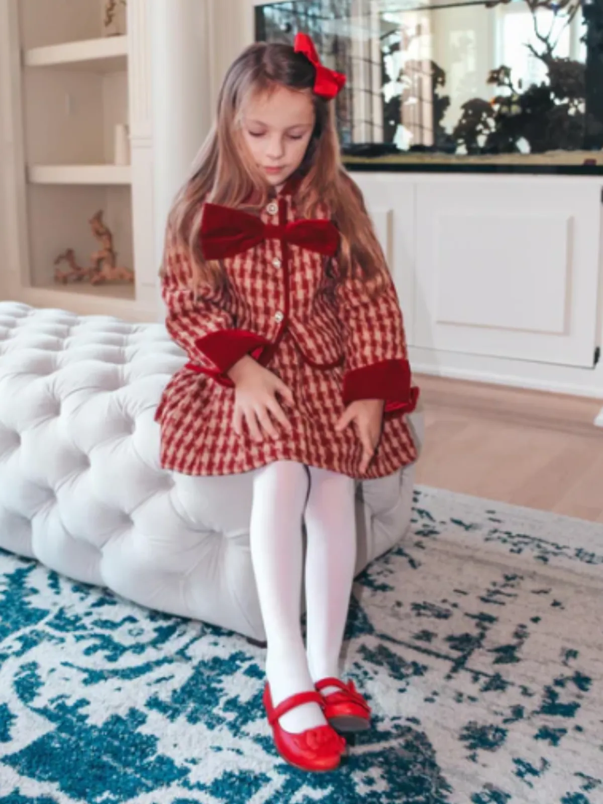 Adorable Red Velvet and Plaid Girls' Skirt and Jacket Set with Pearl Buttons all