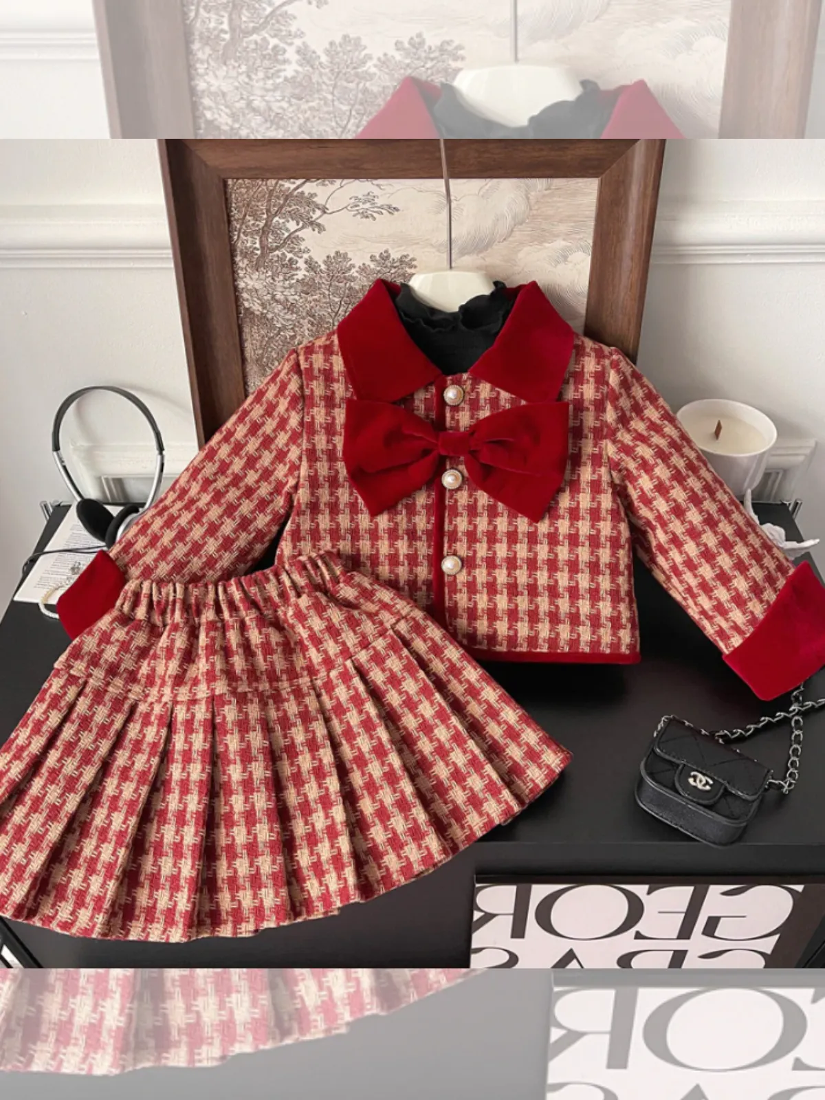 Adorable Red Velvet and Plaid Girls' Skirt and Jacket Set with Pearl Buttons all