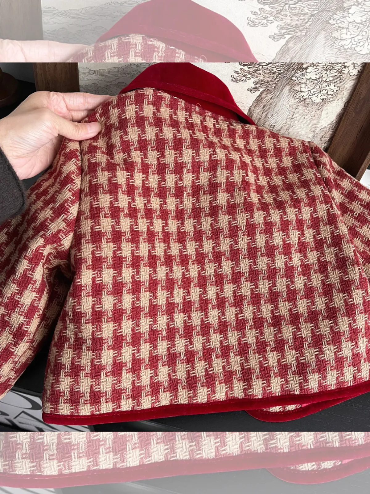 Adorable Red Velvet and Plaid Girls' Skirt and Jacket Set with Pearl Buttons all