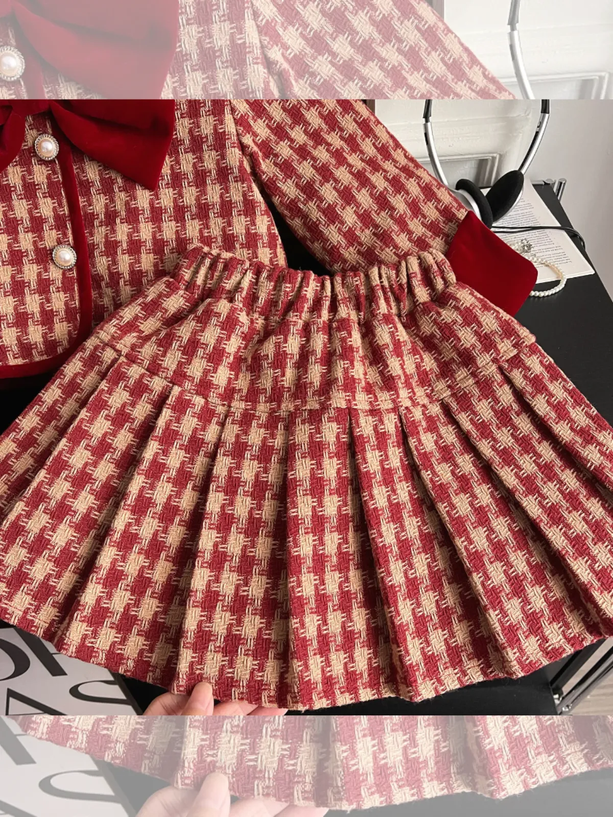 Adorable Red Velvet and Plaid Girls' Skirt and Jacket Set with Pearl Buttons all