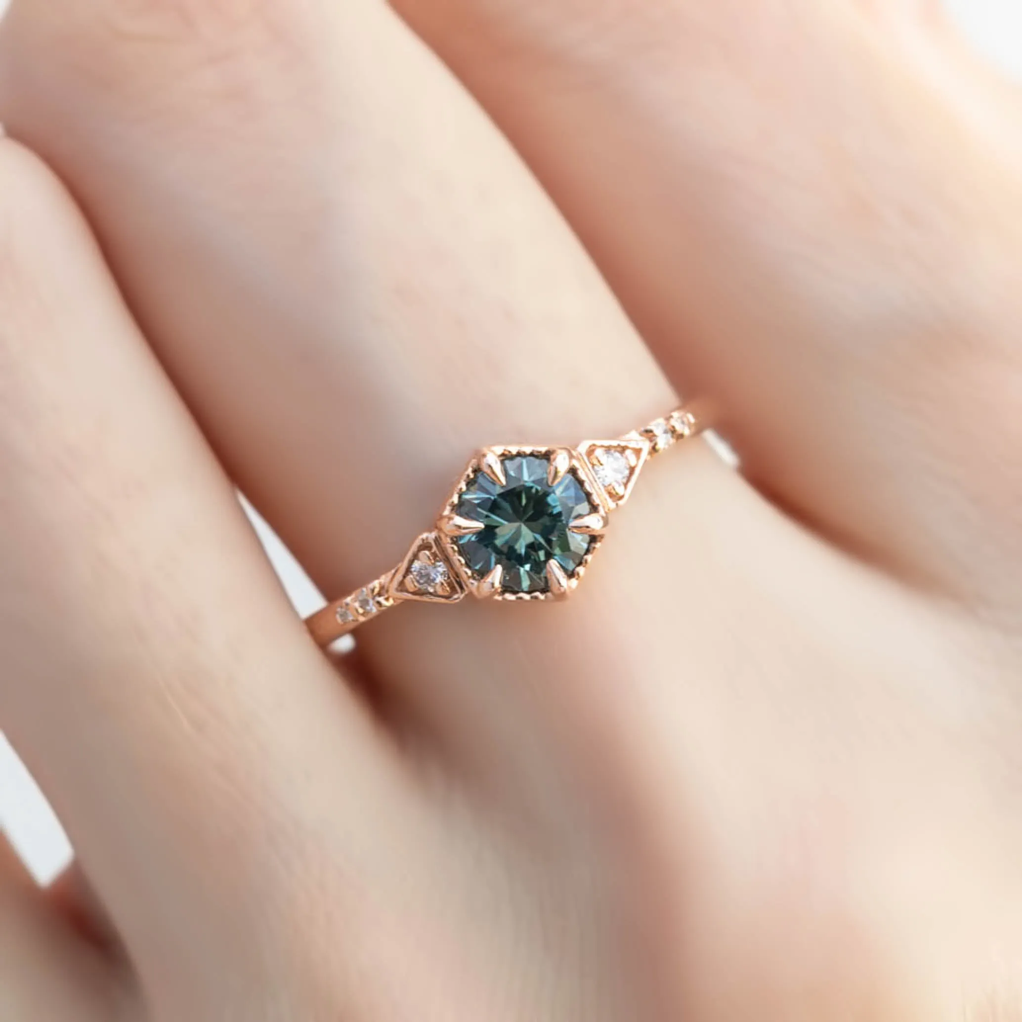 Agatha Ring 0.71ct Blue Green Montana Sapphire, 14K Rose Gold (One of a kind)