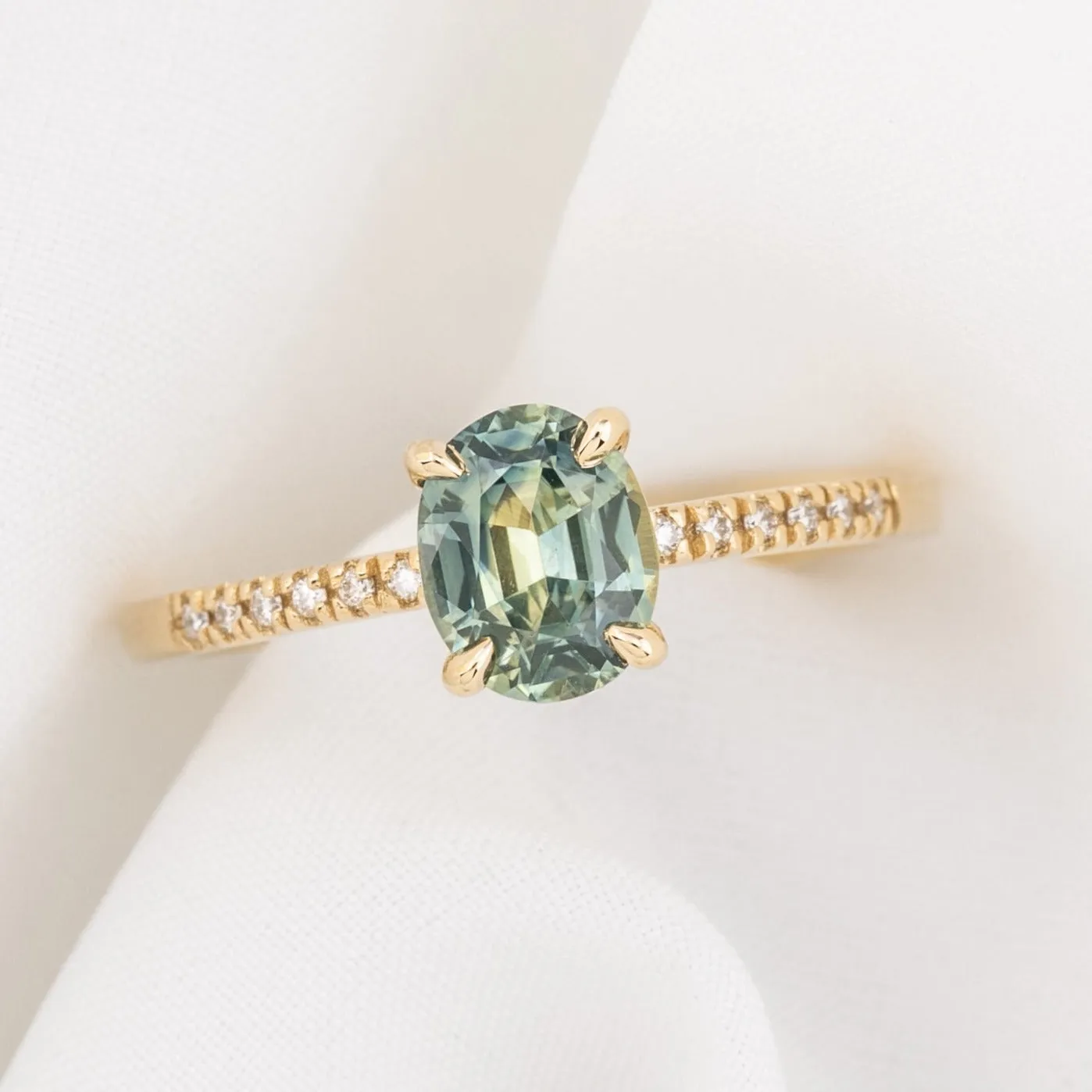 Audrey Ring 1.20ct Light Blue Green Montana Sapphire, 14k Yellow Gold (One of a kind)