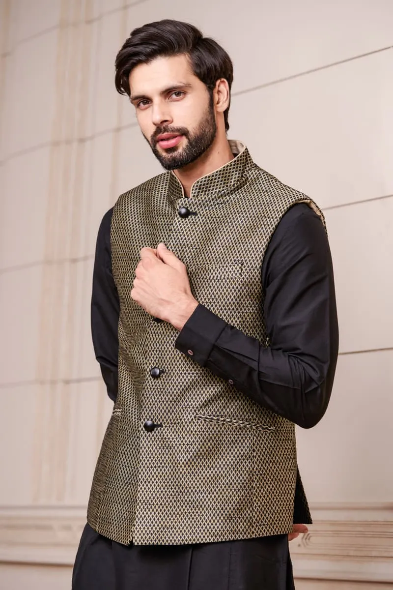 Black Brocade Kurta Bundi Set