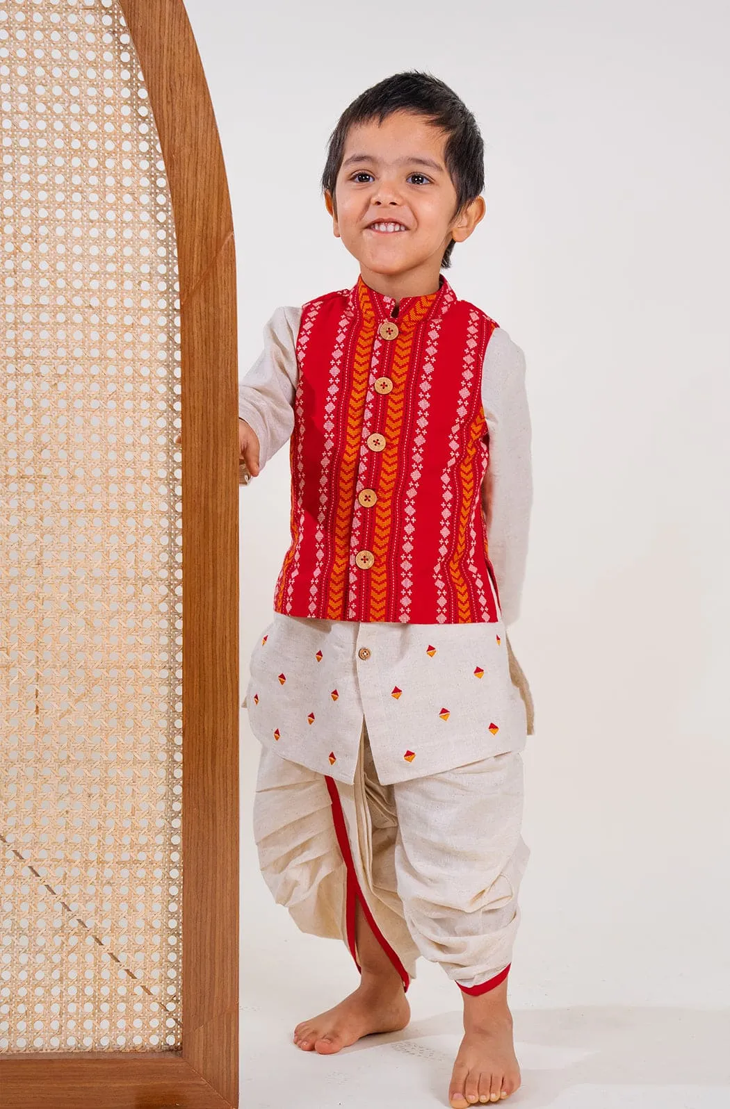 Boy Jacquard Multi 3 Pc Bundi Set - Yellow