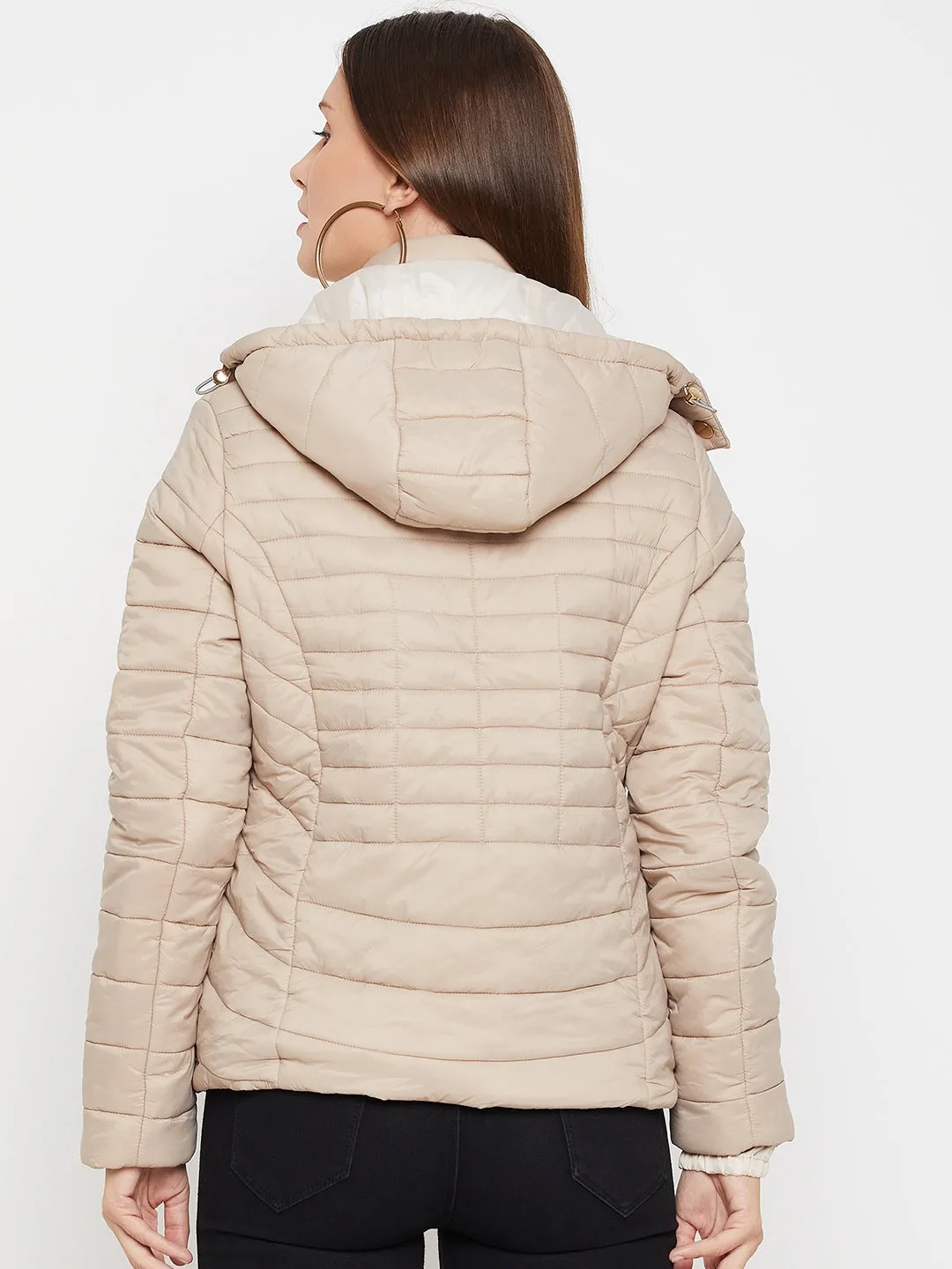 Cantabil Beige Full Sleeves Detachable Hooded Neck Puffer Casual Jacket For Women