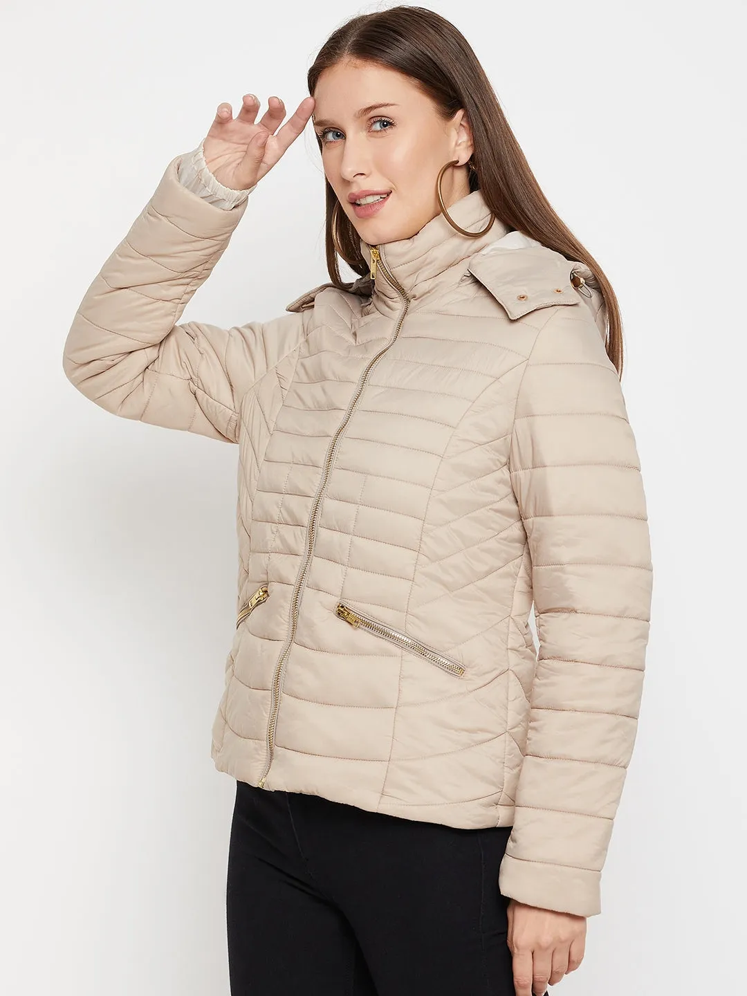 Cantabil Beige Full Sleeves Detachable Hooded Neck Puffer Casual Jacket For Women