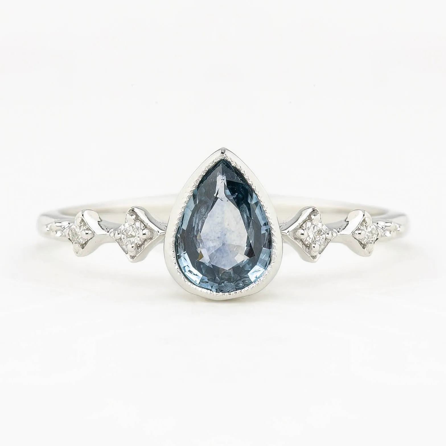 Celeste Ring 0.62ct Light Blue Green Montana Pear Sapphire, 14k White Gold (One of a kind)