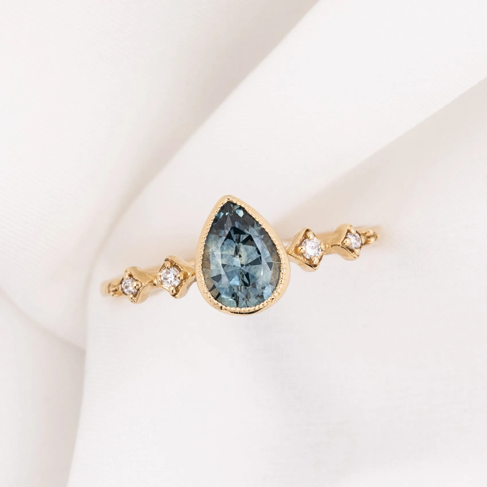 Celeste Ring 0.89ct Light Blue Green Pear Montana Sapphire, 14k Yellow Gold (One of a kind)