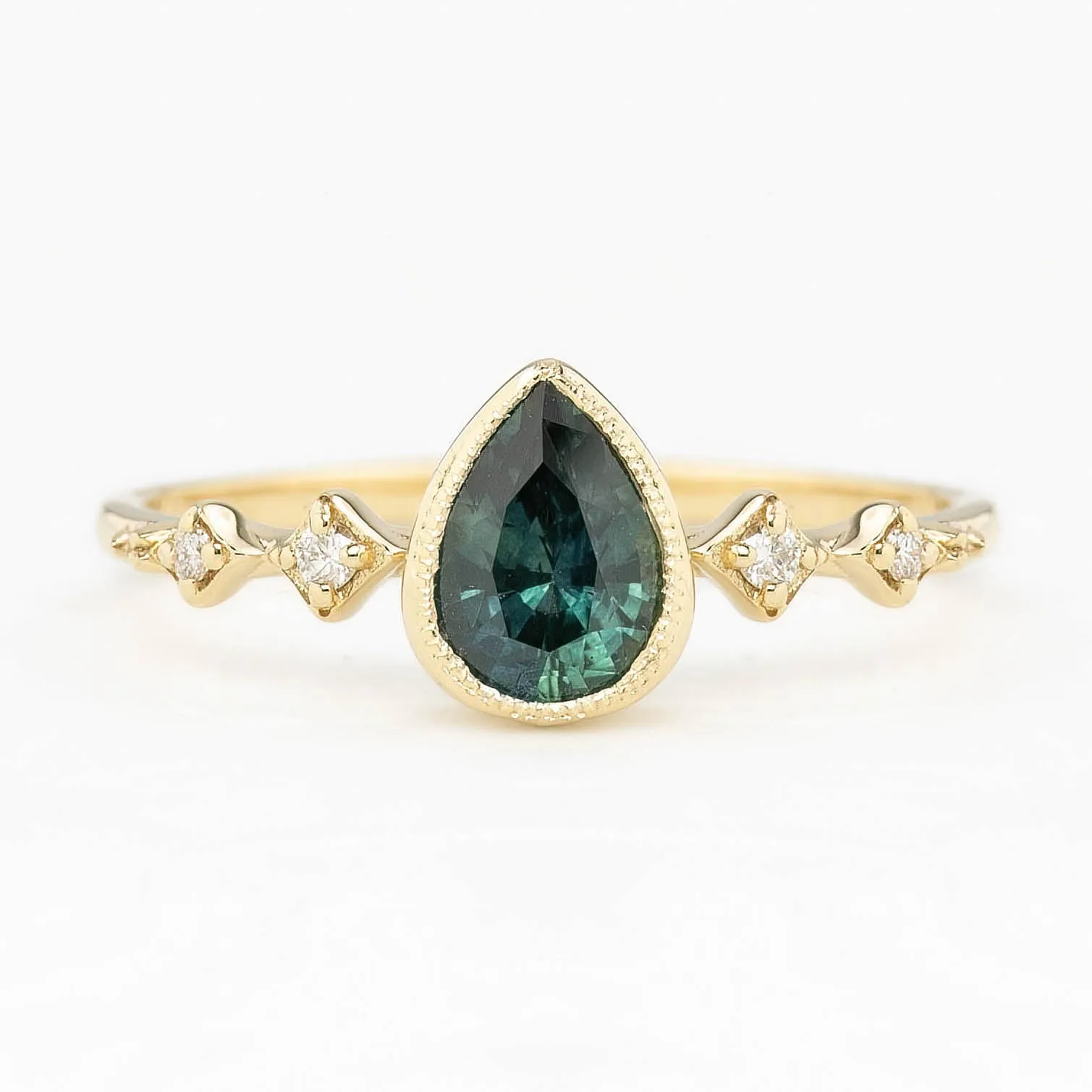 Celeste Ring  7x5mm Peacock Green Montana Sapphire Ring, 14k Yellow Gold