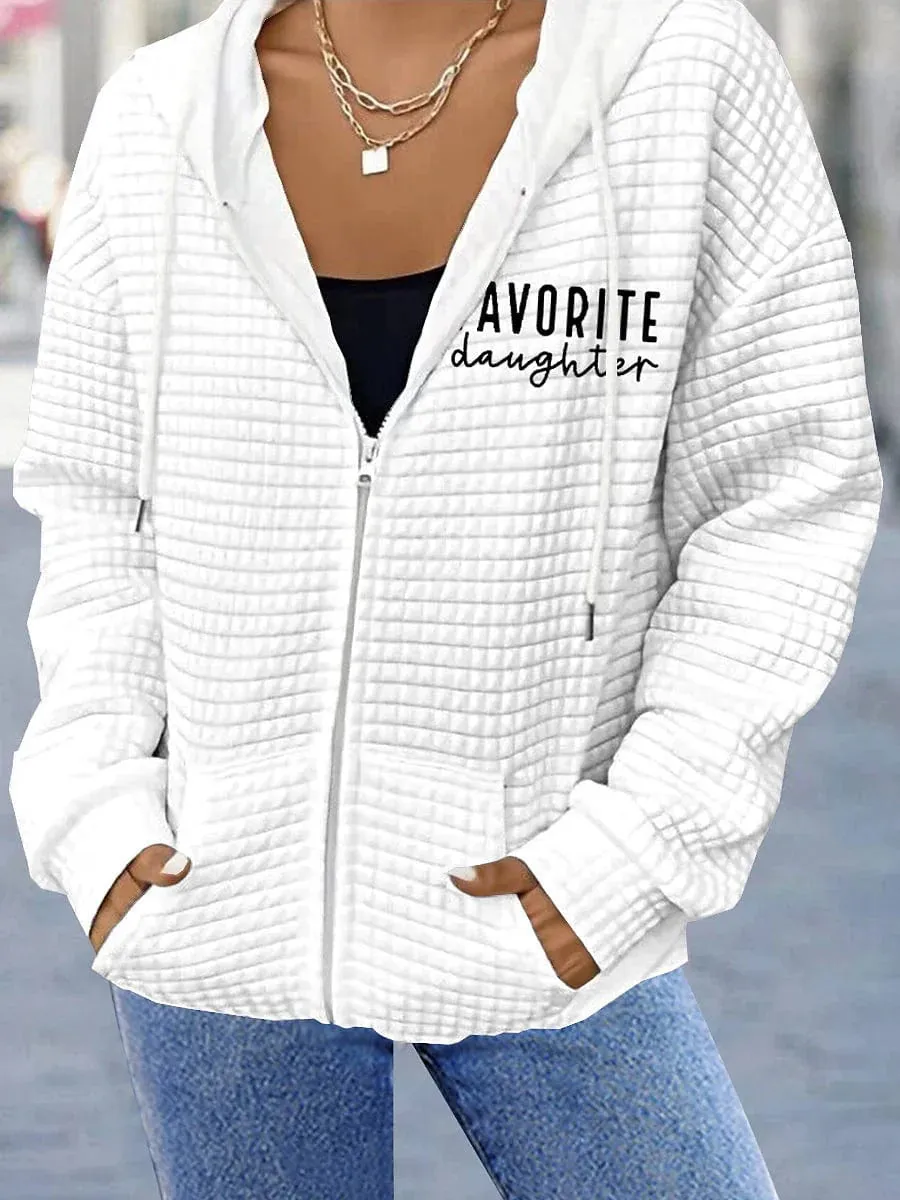 Chic White Letter Print Hoodied Jacket for Women