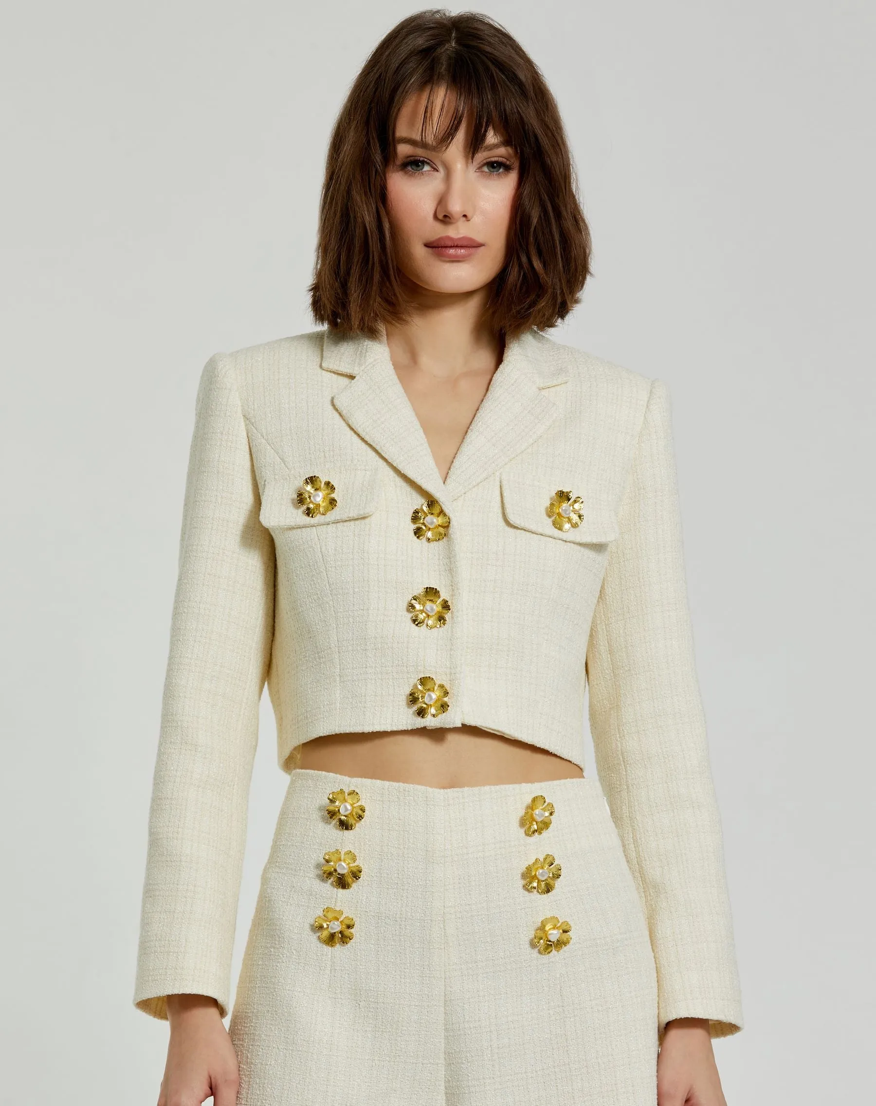 Cropped Tweed Floral Button Jacket