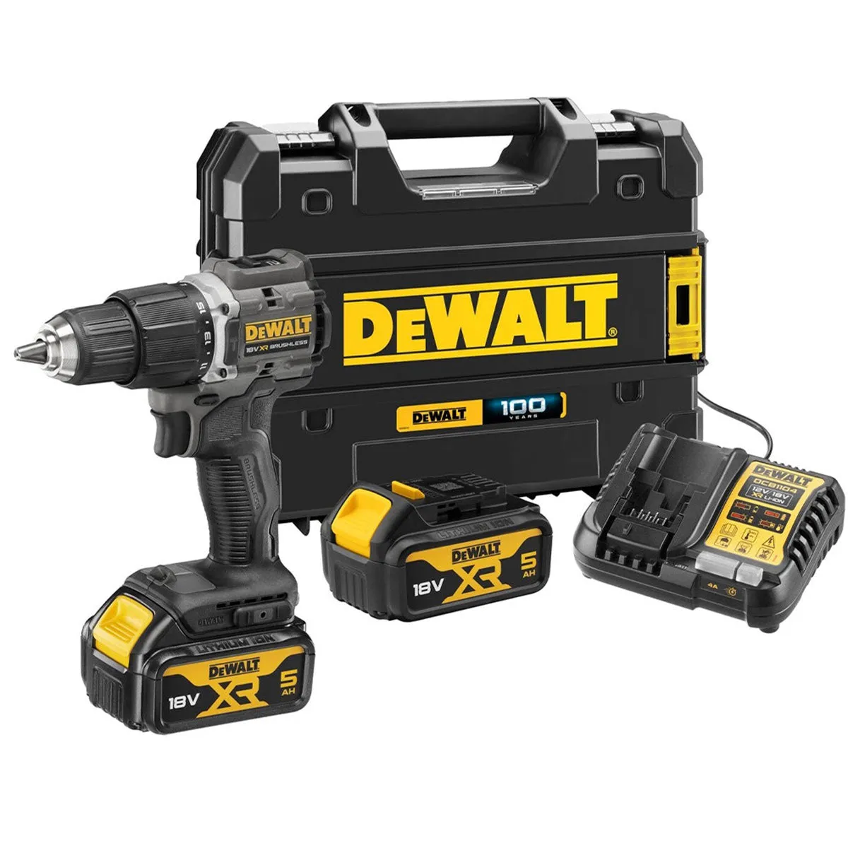 Dewalt DCD100P2T-GB 18V XR Brushless Limited Edition 100 Year Combi Drill with 2 x 5.0Ah Batteries Charger & TSTAK Case