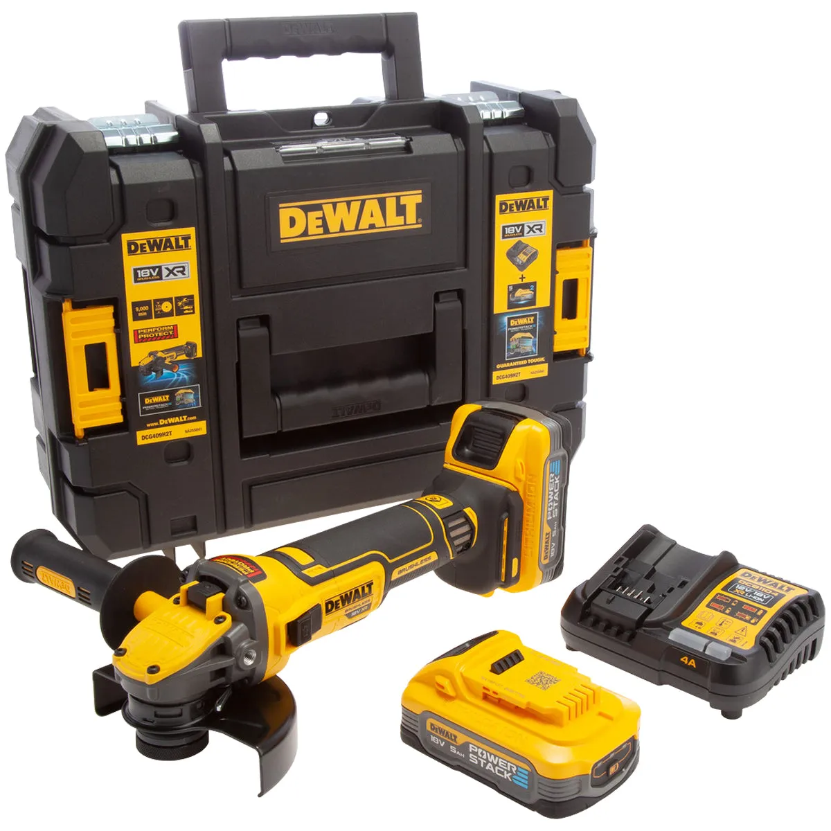 Dewalt DCG409H2T 18V XR Brushless 125mm Grinder with 2 x 5.0Ah Powerstack Batteries, Charger & TSTAK Case