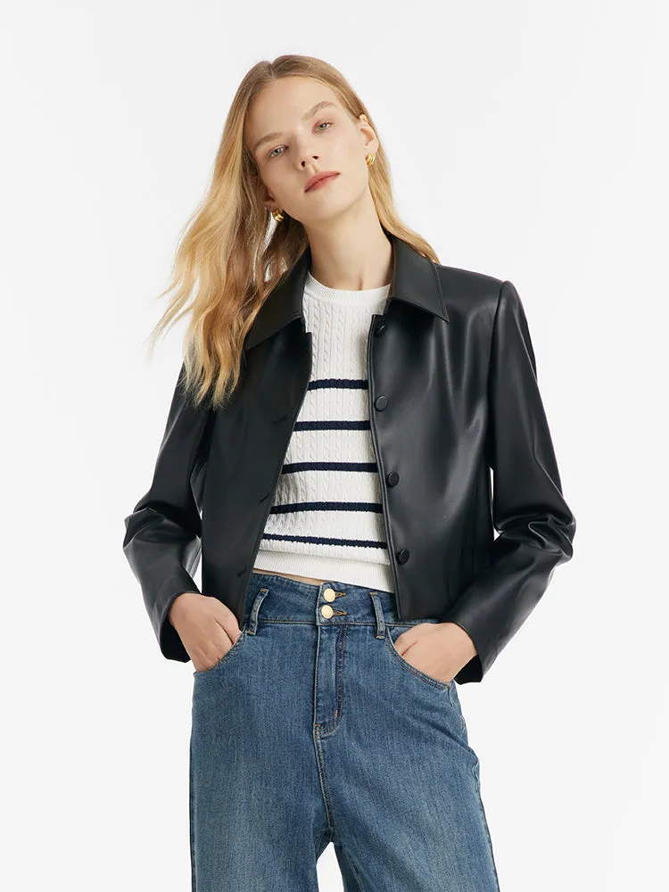 Eco-Friendly Leather Lapel Women Crop Jacket