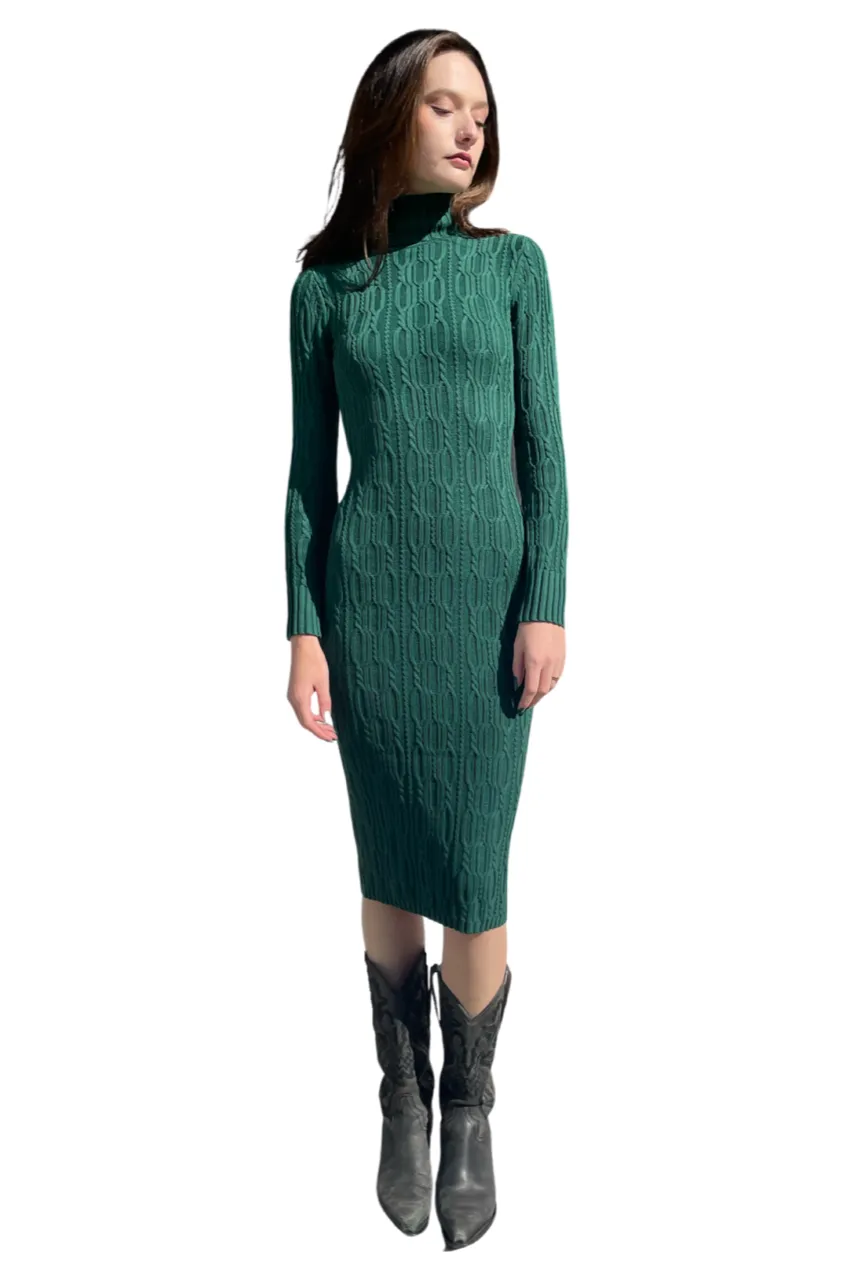 Emerald Ribbed Turtleneck Midi Dress