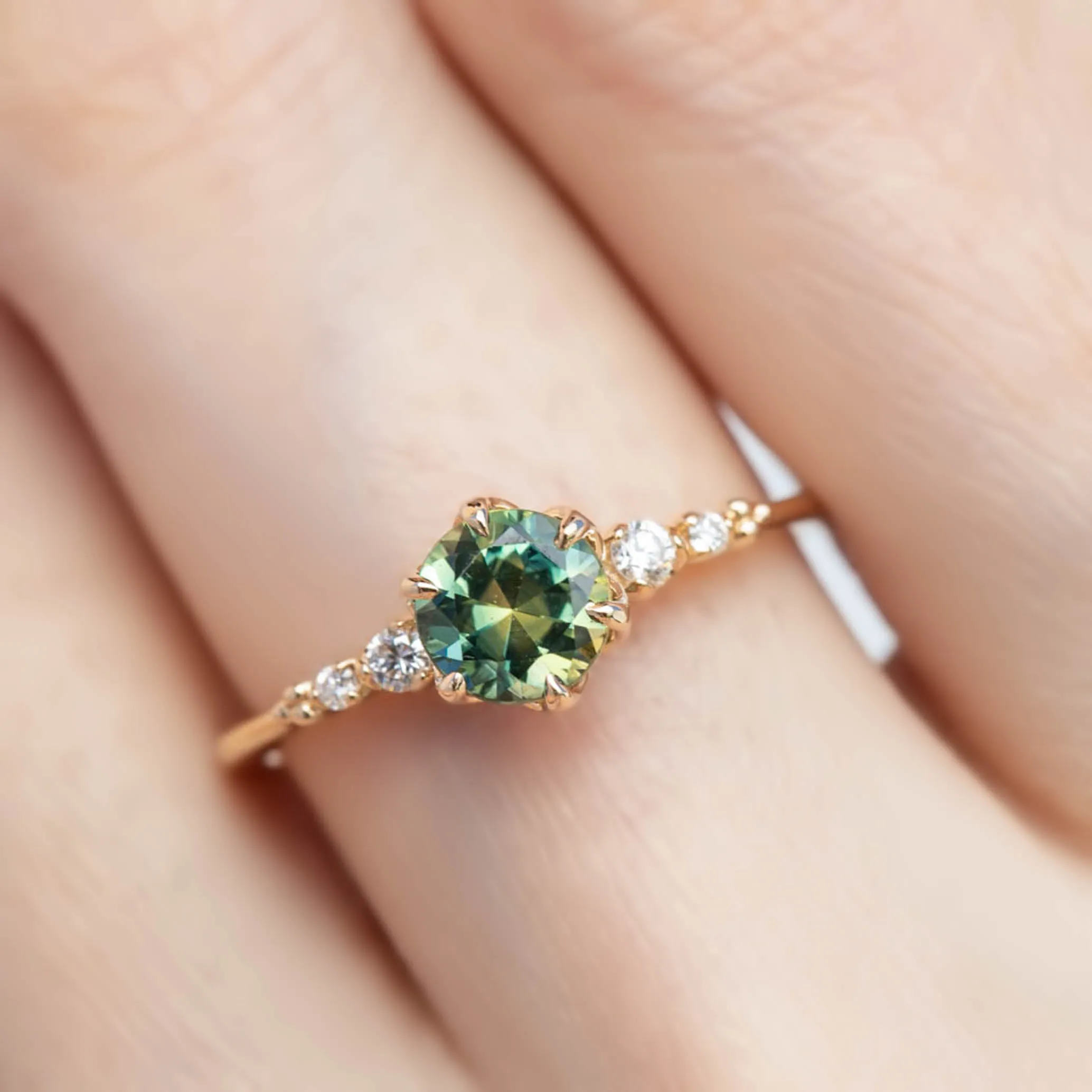 Estel Fleur Ring 1.04ct Green Round Queensland Sapphire, 14K Yellow Gold (One of a kind)