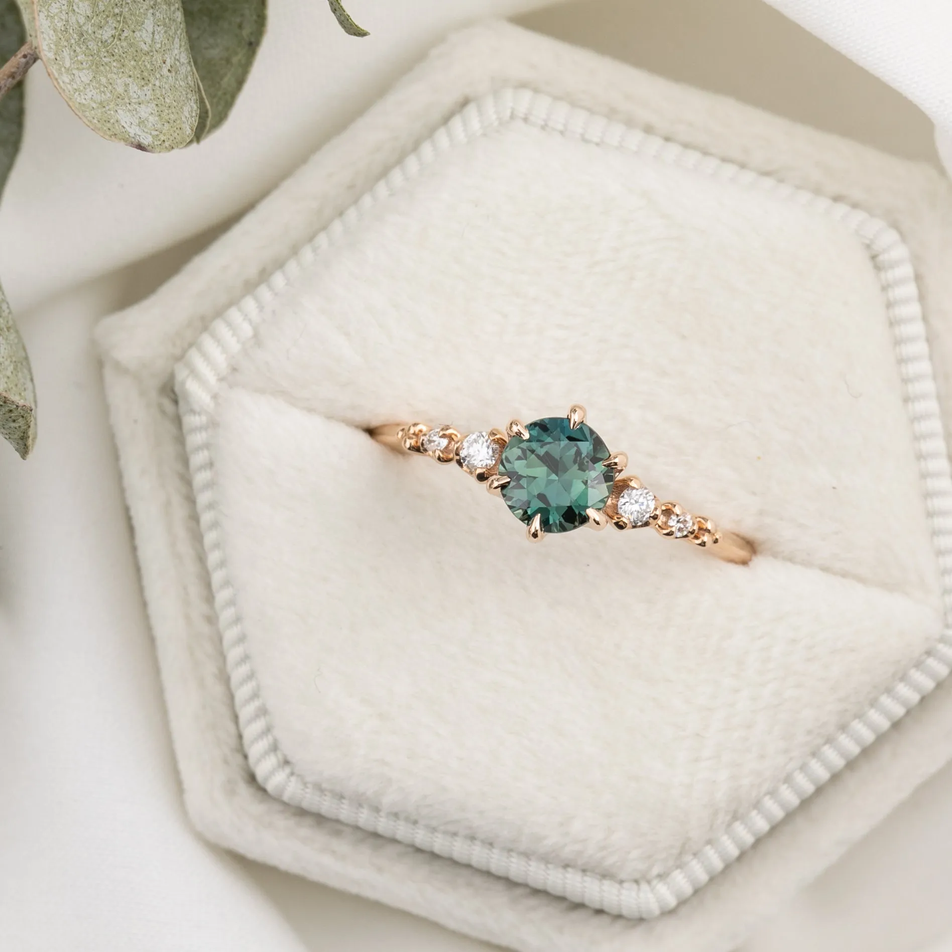 Estel Fleur Ring 1.04ct Teal Blue Green Queensland Sapphire, 14k Rose Gold (One of a kind)