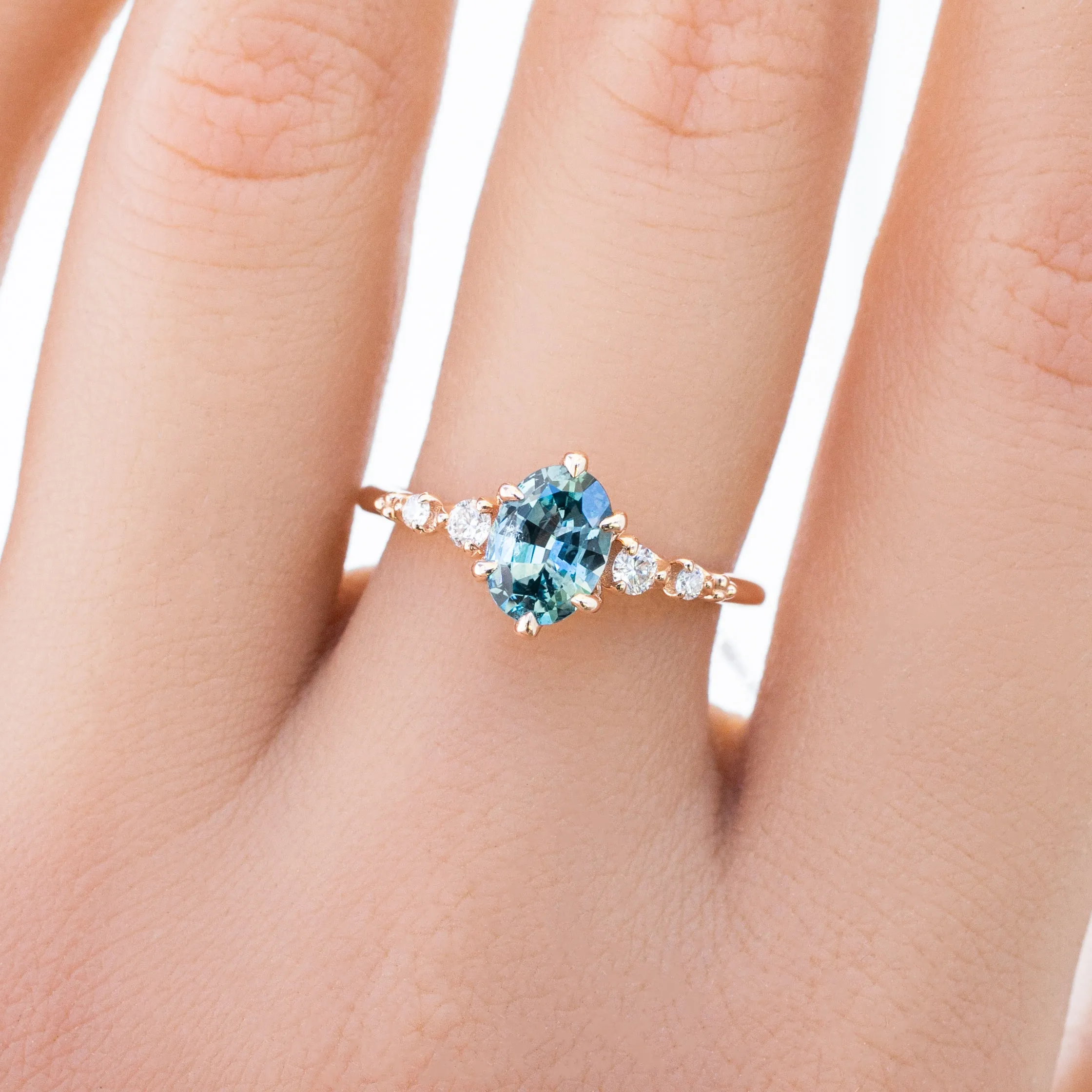 Estel Fleur Ring 1.05ct Teal Blue Oval Montana Sapphire, 14K Rose Gold (One of a kind)