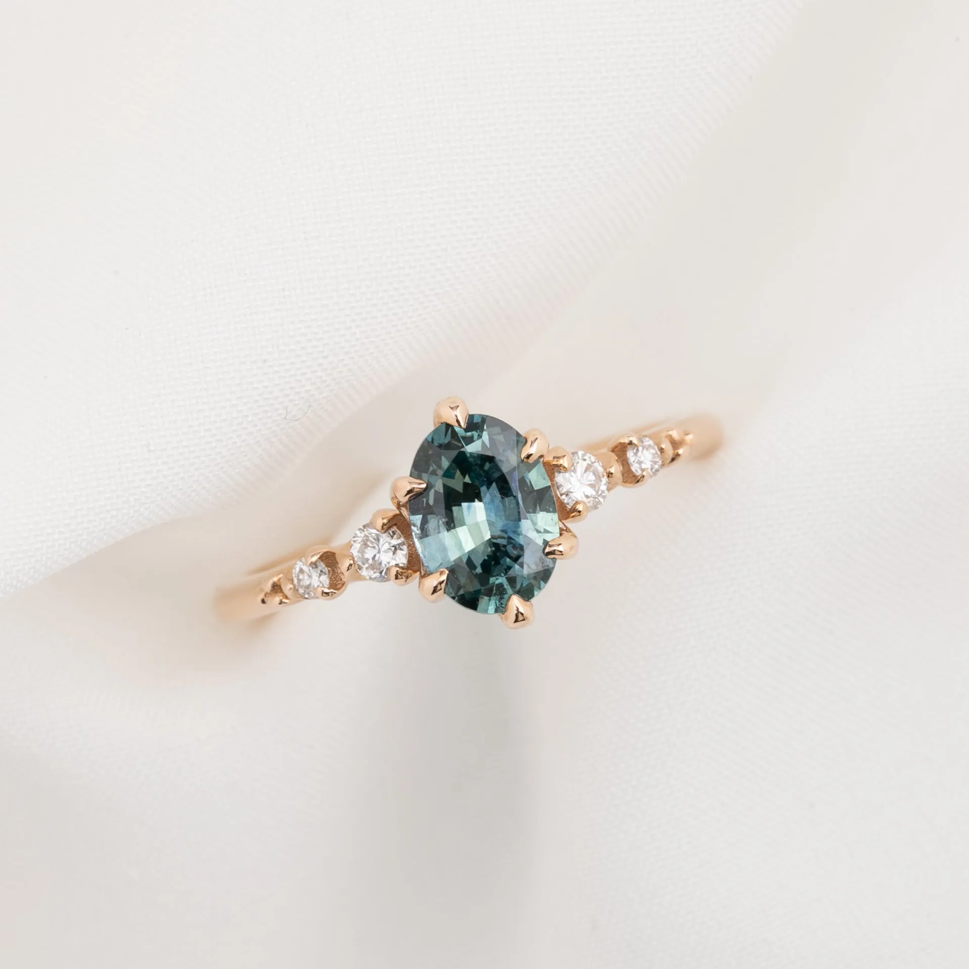 Estel Fleur Ring 1.05ct Teal Blue Oval Montana Sapphire, 14K Rose Gold (One of a kind)