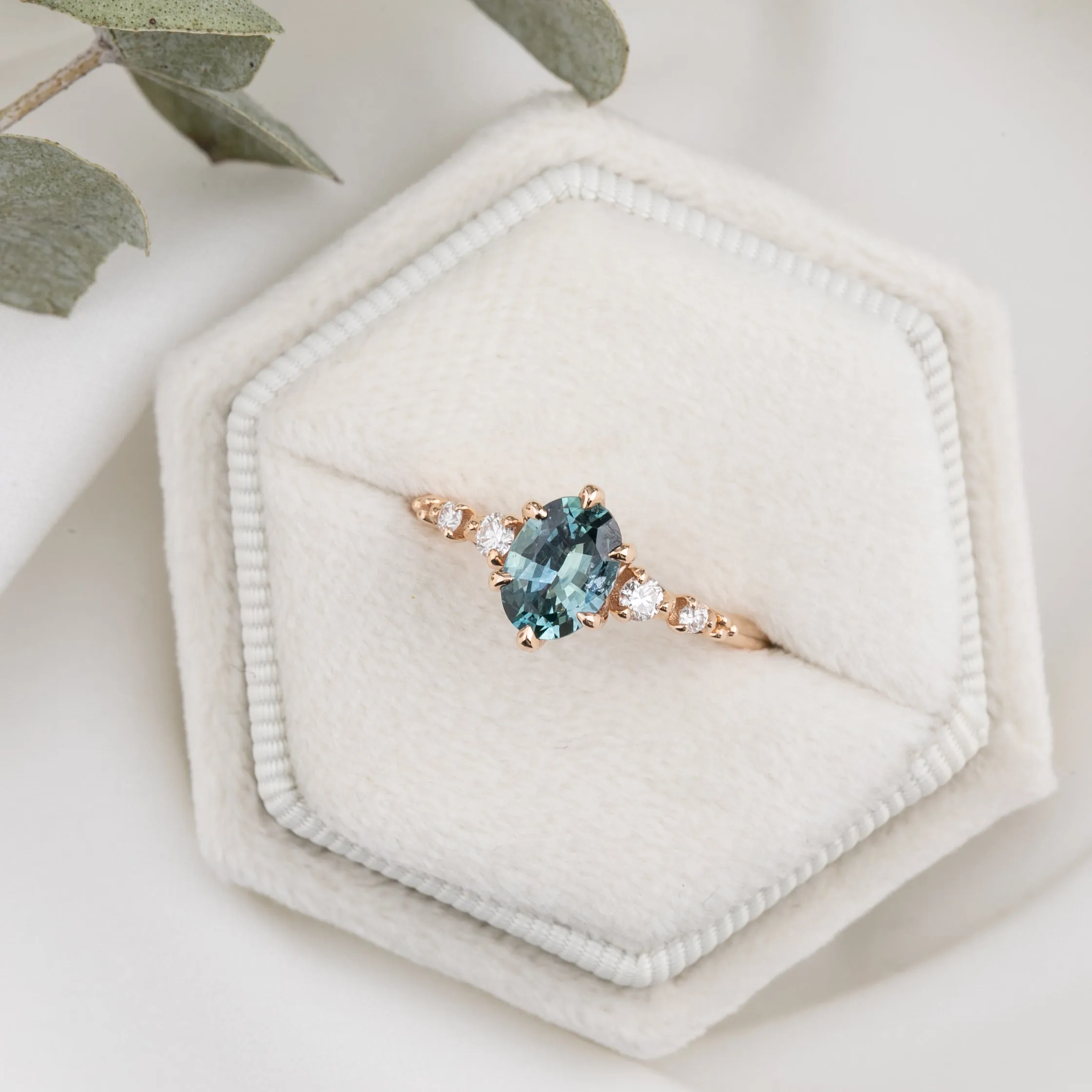 Estel Fleur Ring 1.05ct Teal Blue Oval Montana Sapphire, 14K Rose Gold (One of a kind)