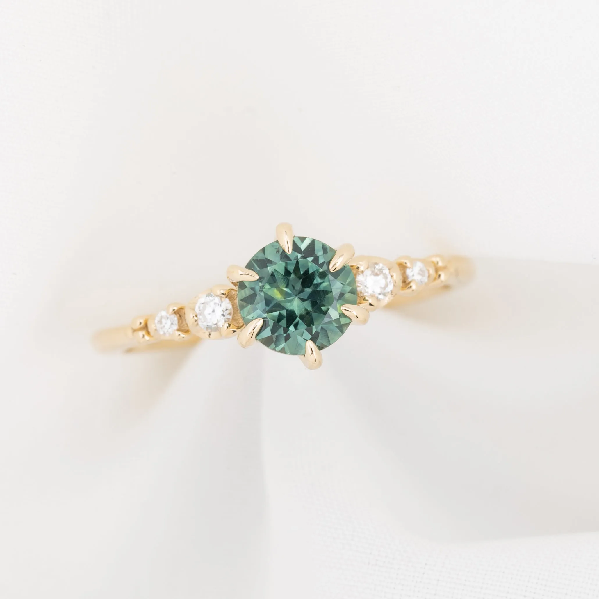 Estel Fleur Ring 1.21ct Green Round Montana Sapphire, 14K Yellow Gold (One of a kind)