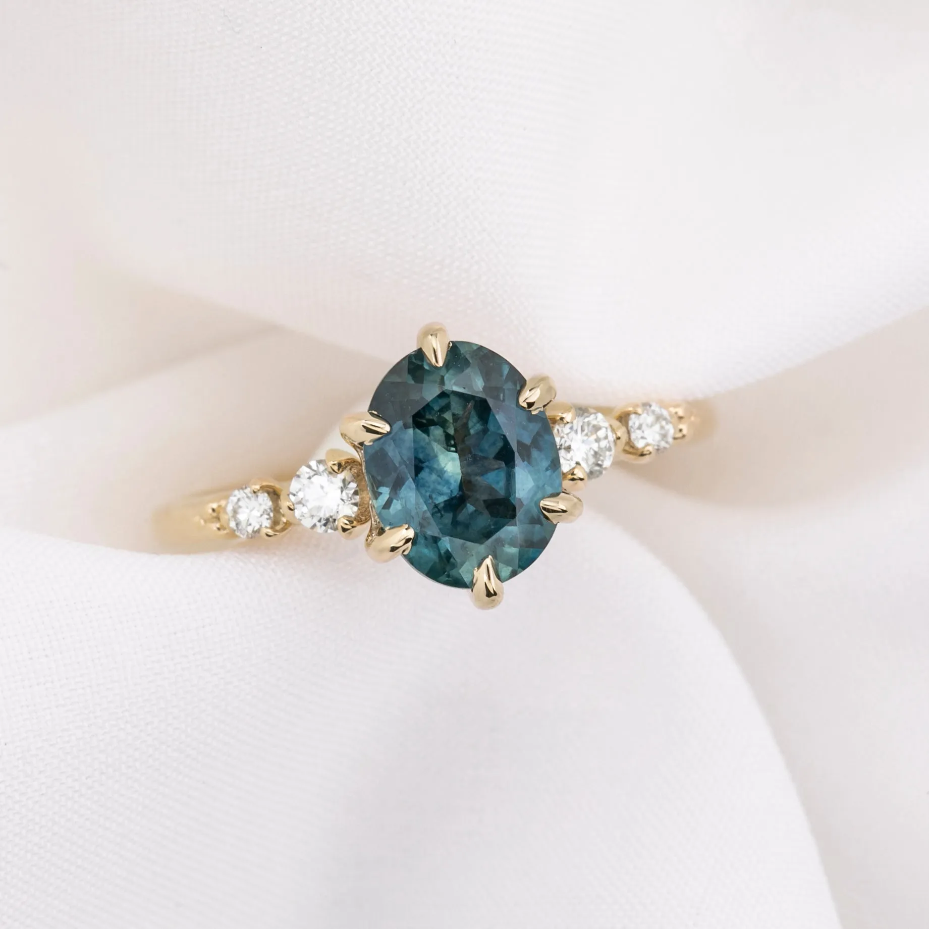 Estel Fleur Ring 1.89ct Blue Green Oval Montana Sapphire, 14K Yellow Gold (One of a kind)