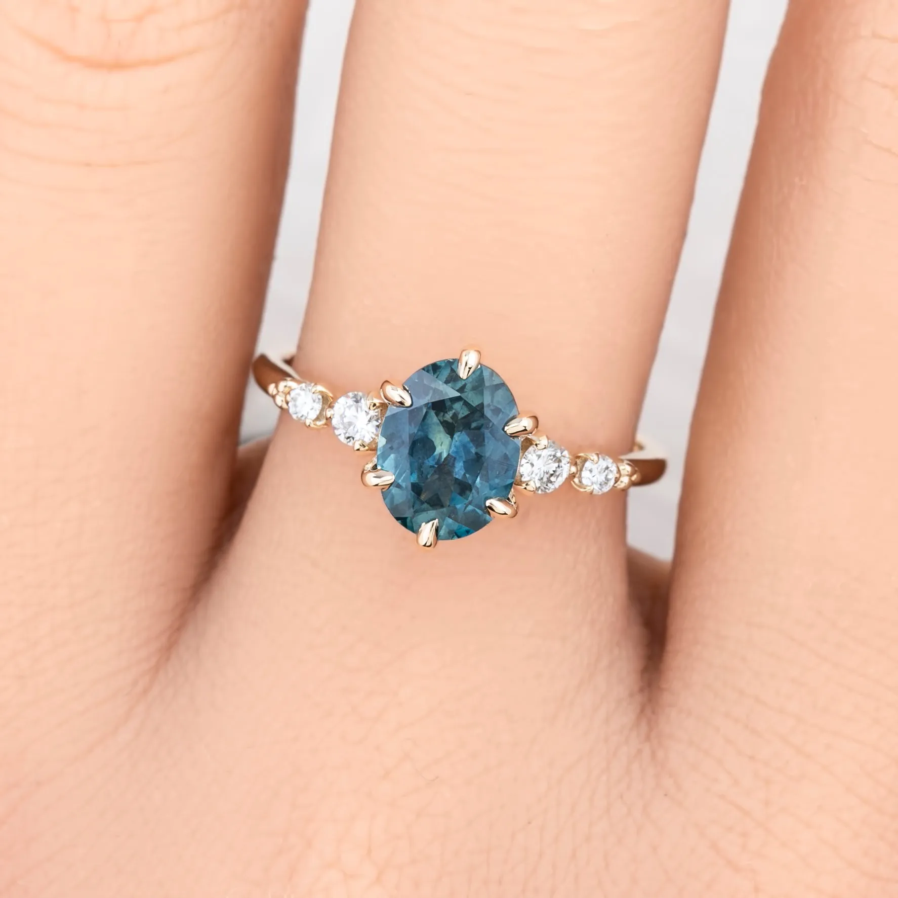 Estel Fleur Ring 1.89ct Blue Green Oval Montana Sapphire, 14K Yellow Gold (One of a kind)