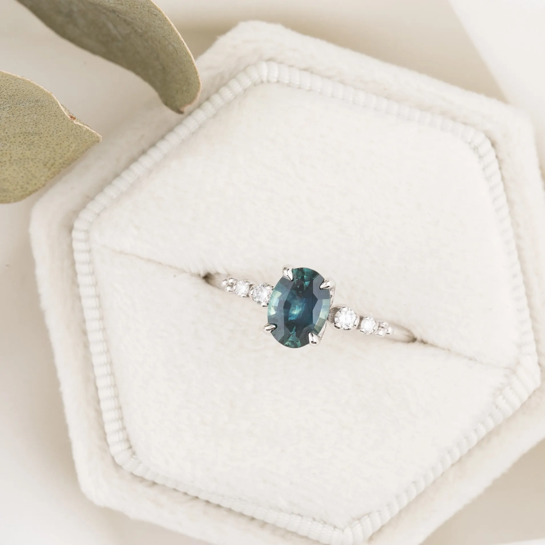 Estel Luxe Ring 0.83ct Blue Green Montana Sapphire, 14K White Gold (One of a kind)