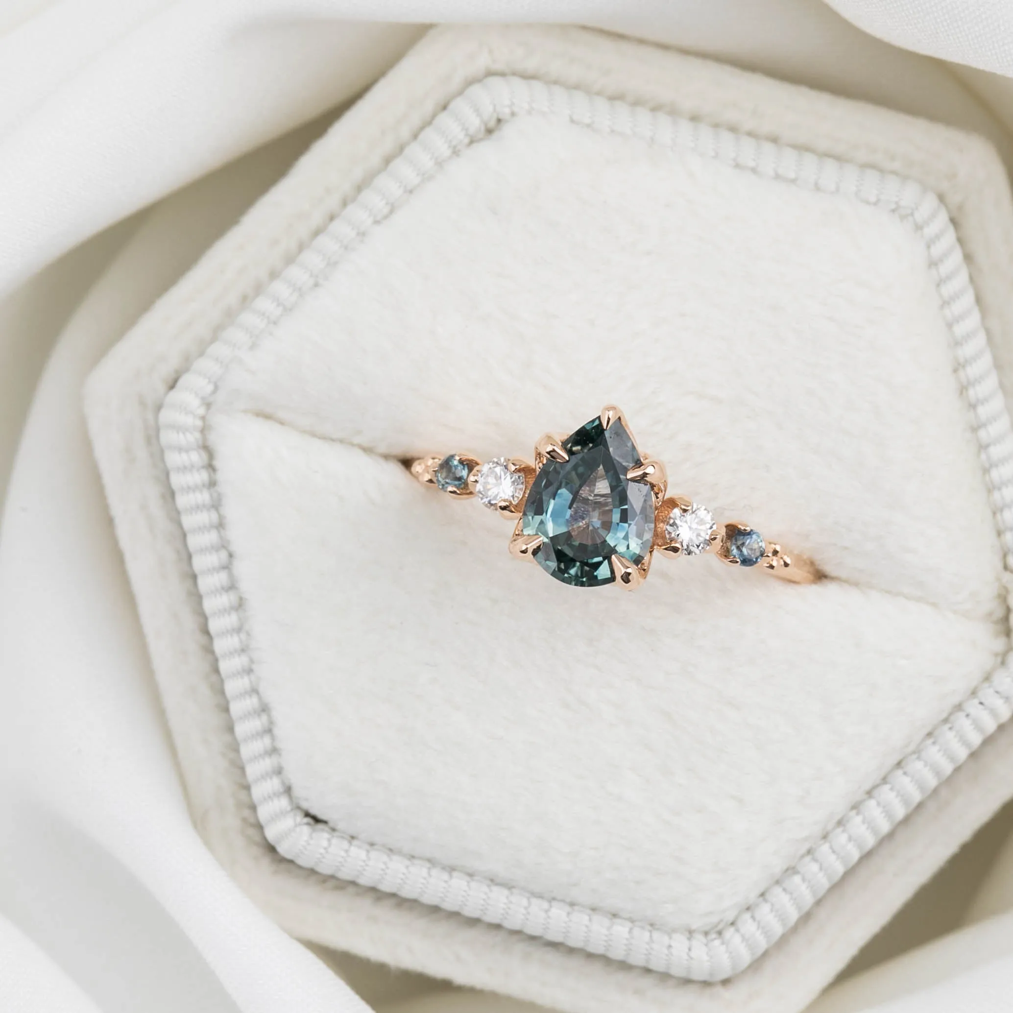 Estel Luxe Ring 1.13ct Light Blue Green Pear Montana Sapphire, 14K Rose Gold (One of a kind)