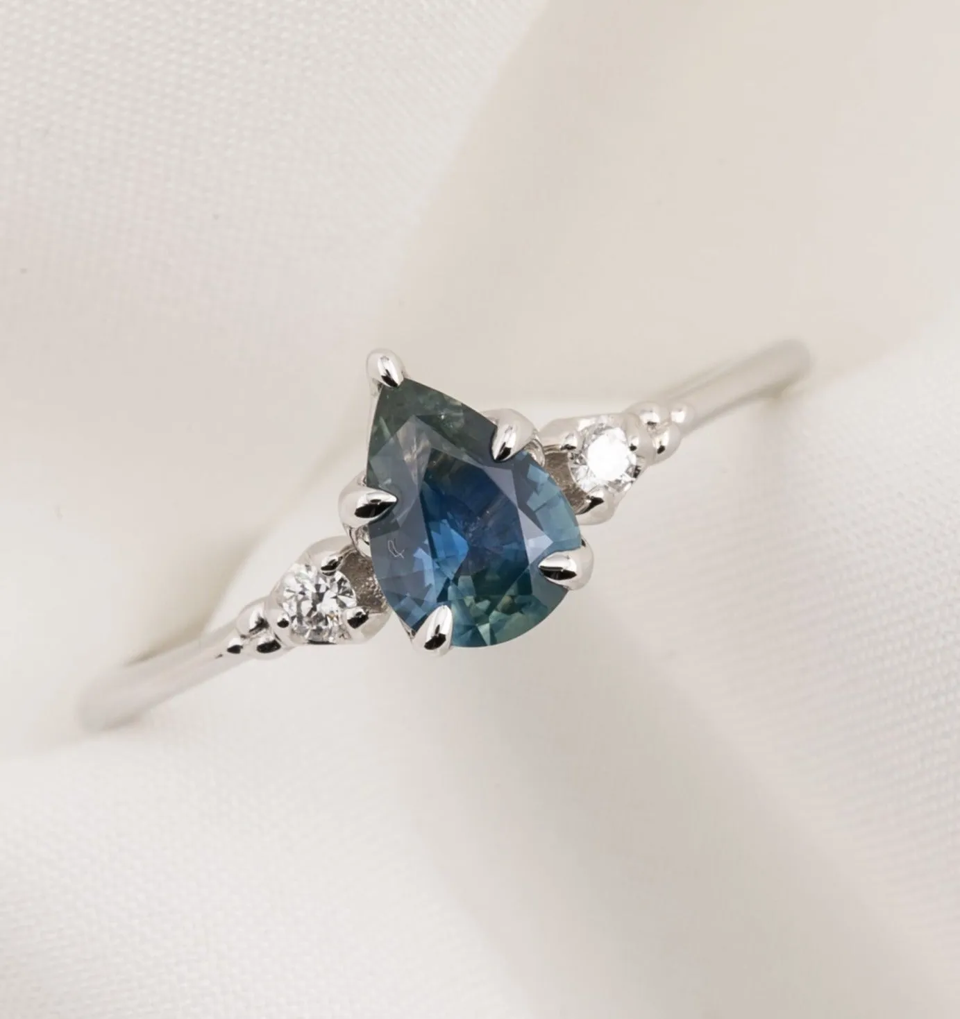 Estel Ring 0.69ct Blue Pear Montana Sapphire, 14K White Gold (One of a kind)