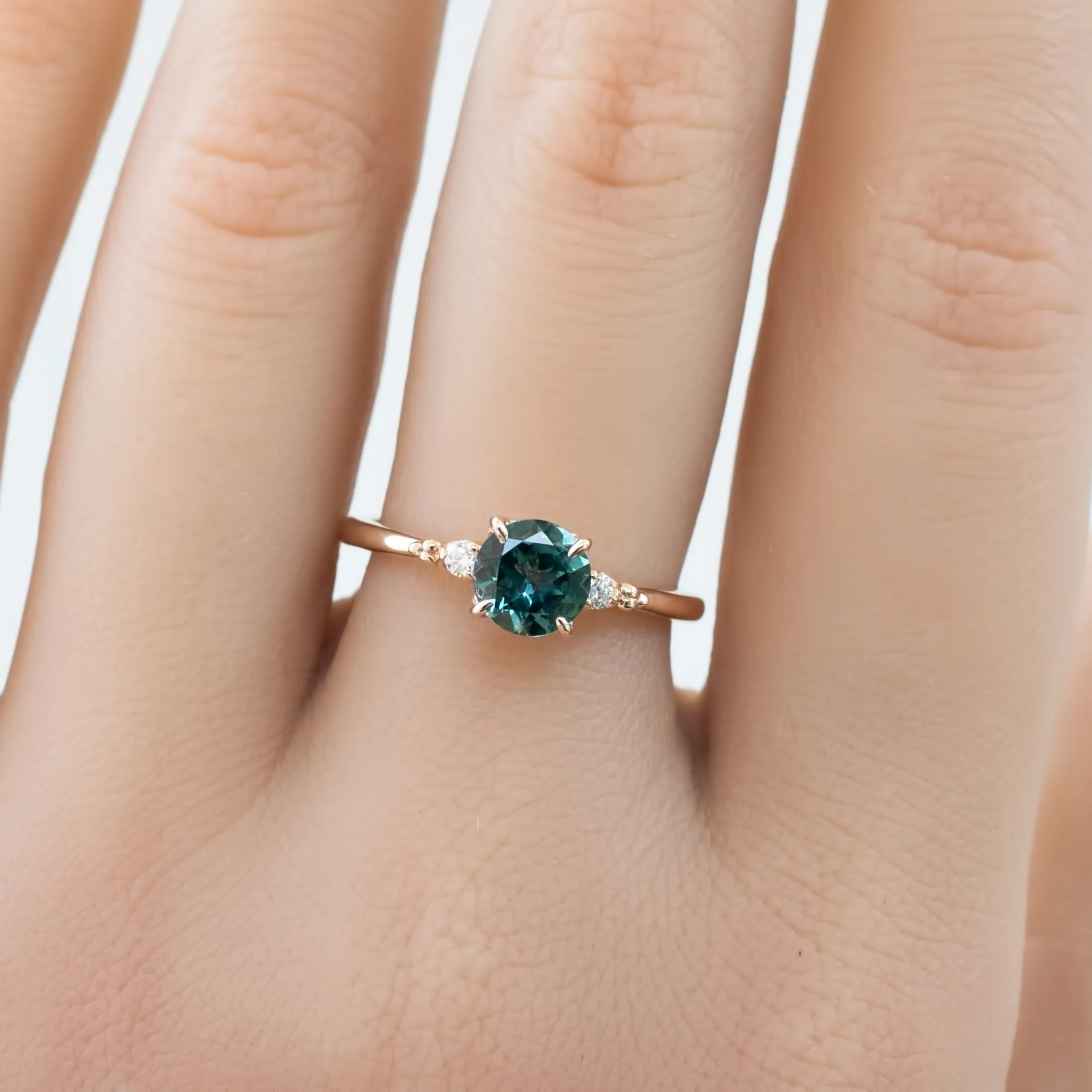 Estel Ring 1.03ct Peacock Green Round Montana Sapphire, 14K Rose Gold (One of a kind)