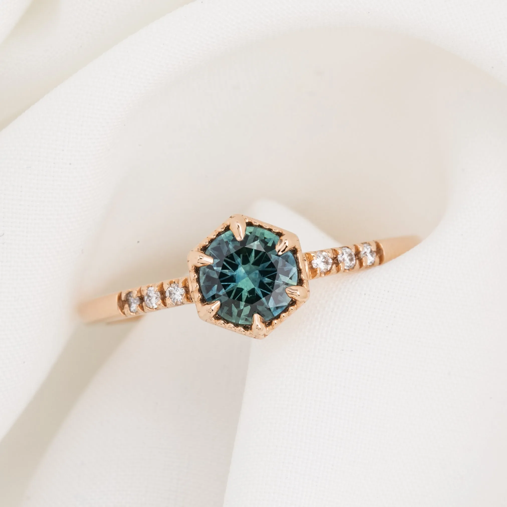 Grace Ring 5.5mm Teal Blue Round Montana Sapphire, 14k Rose Gold