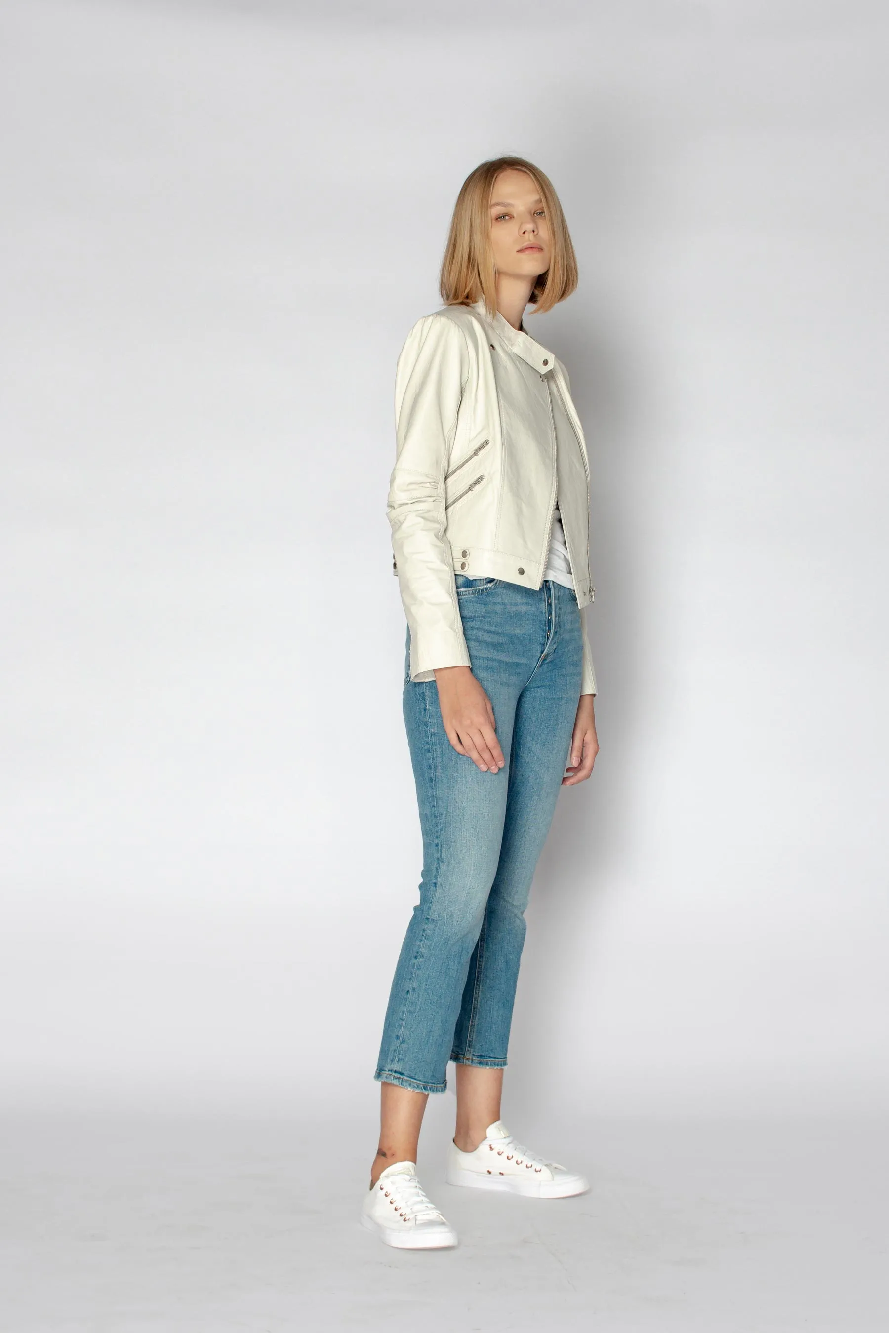 IMOGEN LEATHER BIKER JACKET - OYSTER WHITE