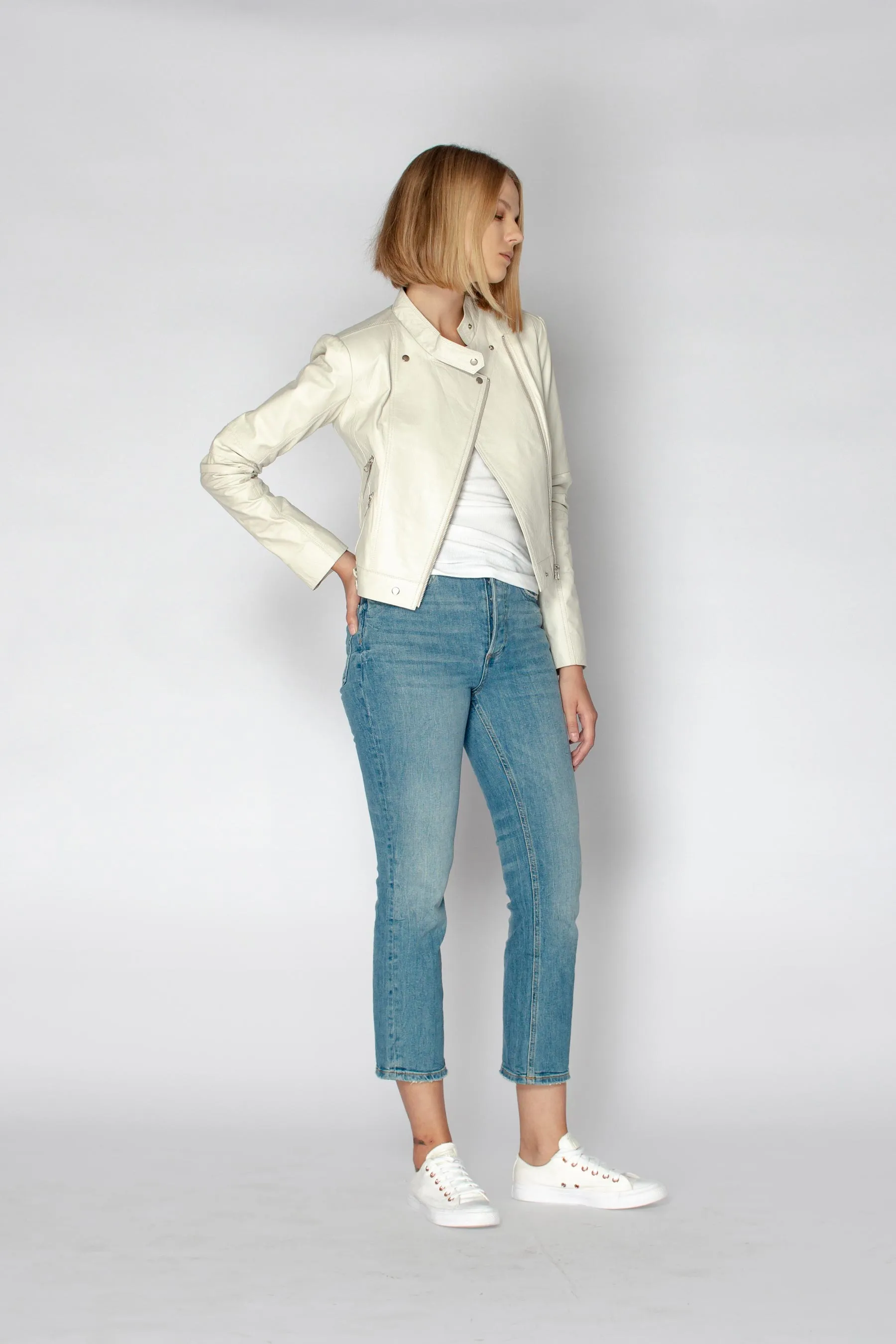 IMOGEN LEATHER BIKER JACKET - OYSTER WHITE