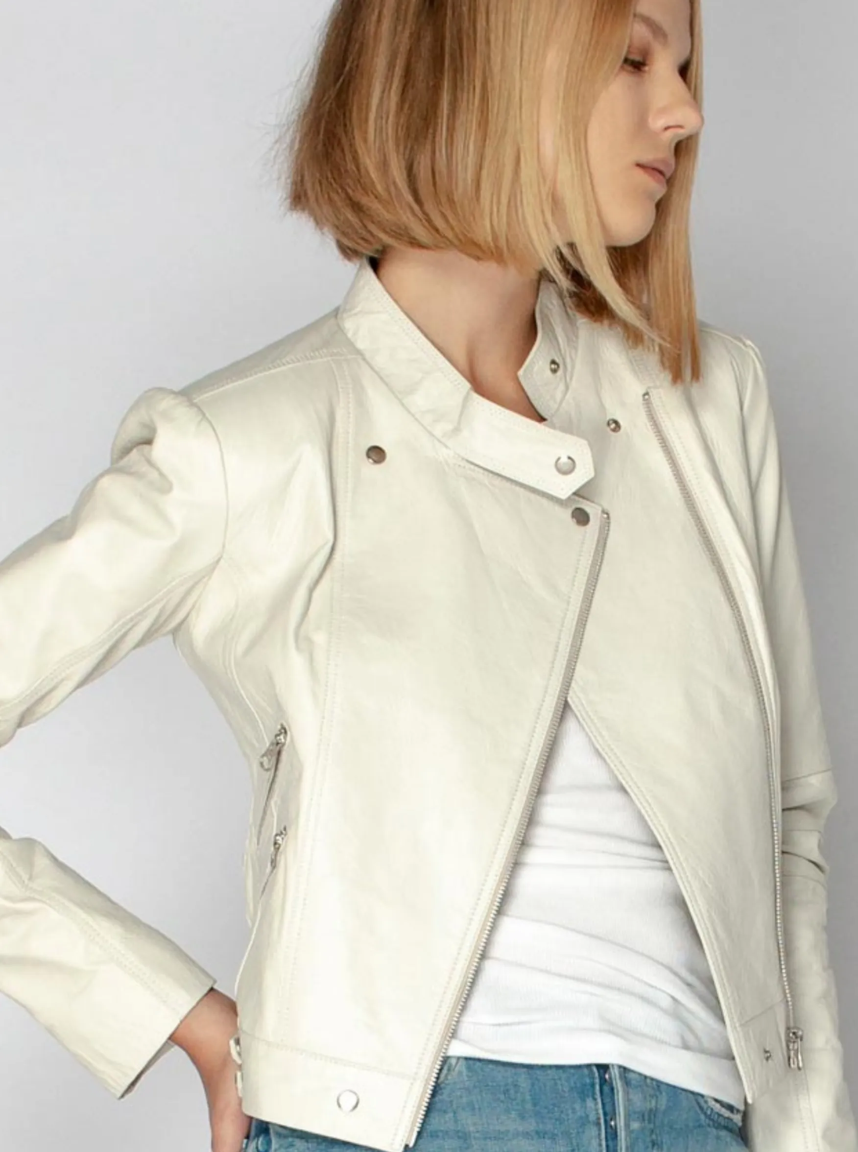 IMOGEN LEATHER BIKER JACKET - OYSTER WHITE