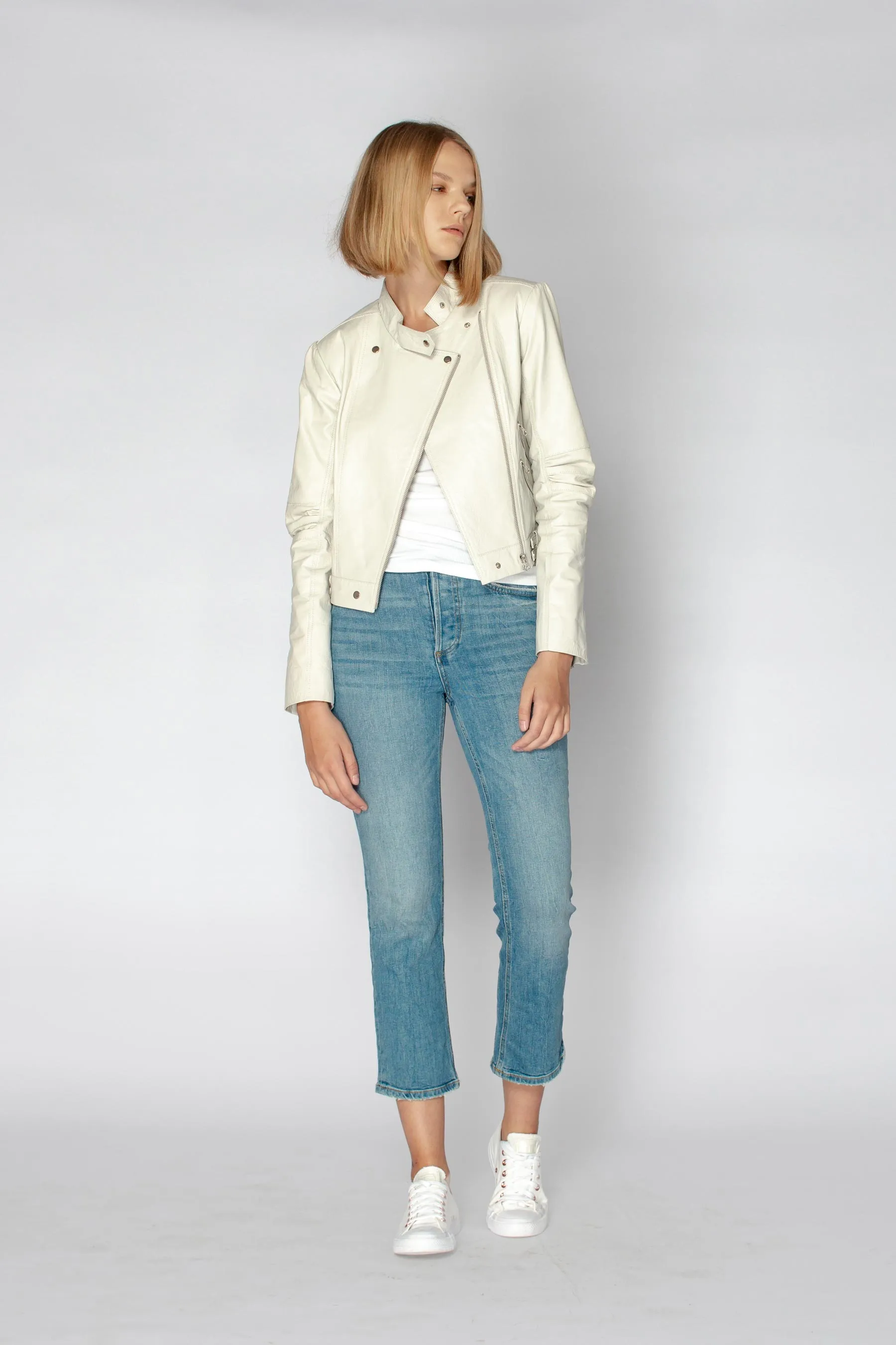 IMOGEN LEATHER BIKER JACKET - OYSTER WHITE