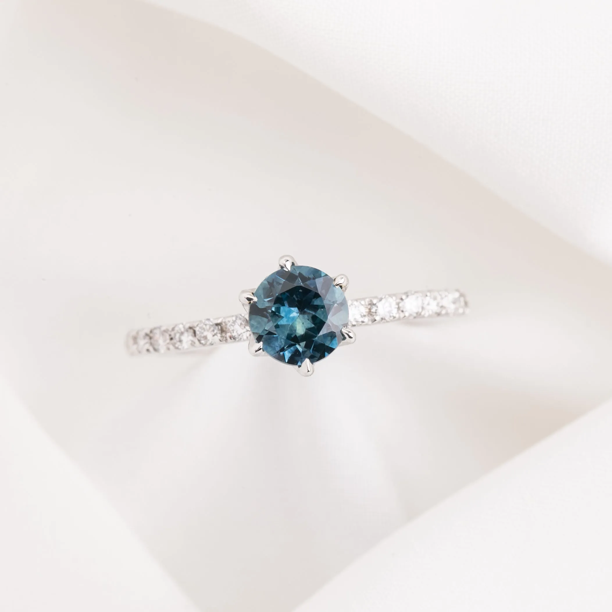 Maria Luxe Ring 0.98ct Teal Blue Montana Sapphire, 14k White Gold (One of a kind)